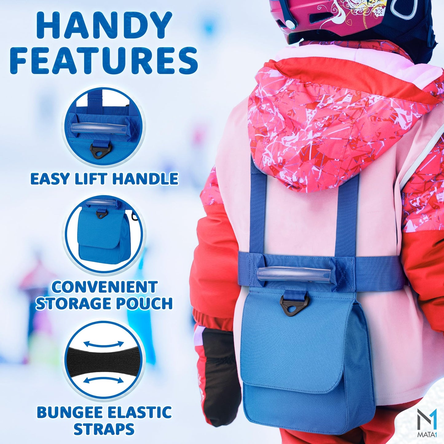Mata1 Ski & Snowboard Training Harness for Kids - 2 Bungee Elastic Straps to Steer & Learn Speed Control - Ski Trainer Backpack w/Adjustable Shoulder Straps & Easy Lift-Handle for Toddlers