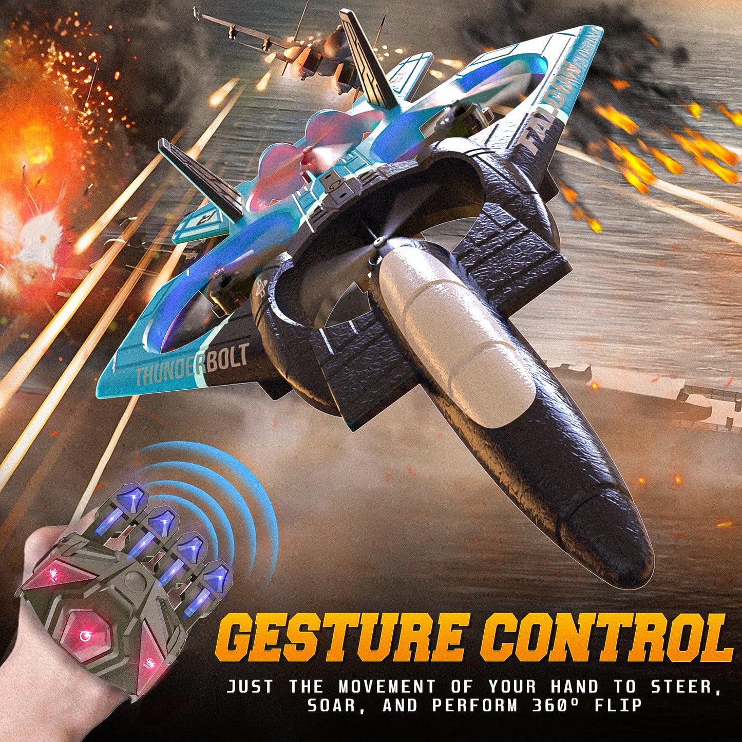 BEZGAR RC Airplane, 2.4GHZ 6-axis Gyro Remote Control Airplane, Gesture Control RC Helicopter, 360° Flip Fighter Jet Toy, Toys for Ages 8-13 with Colorful LED Navigation Lights Blue