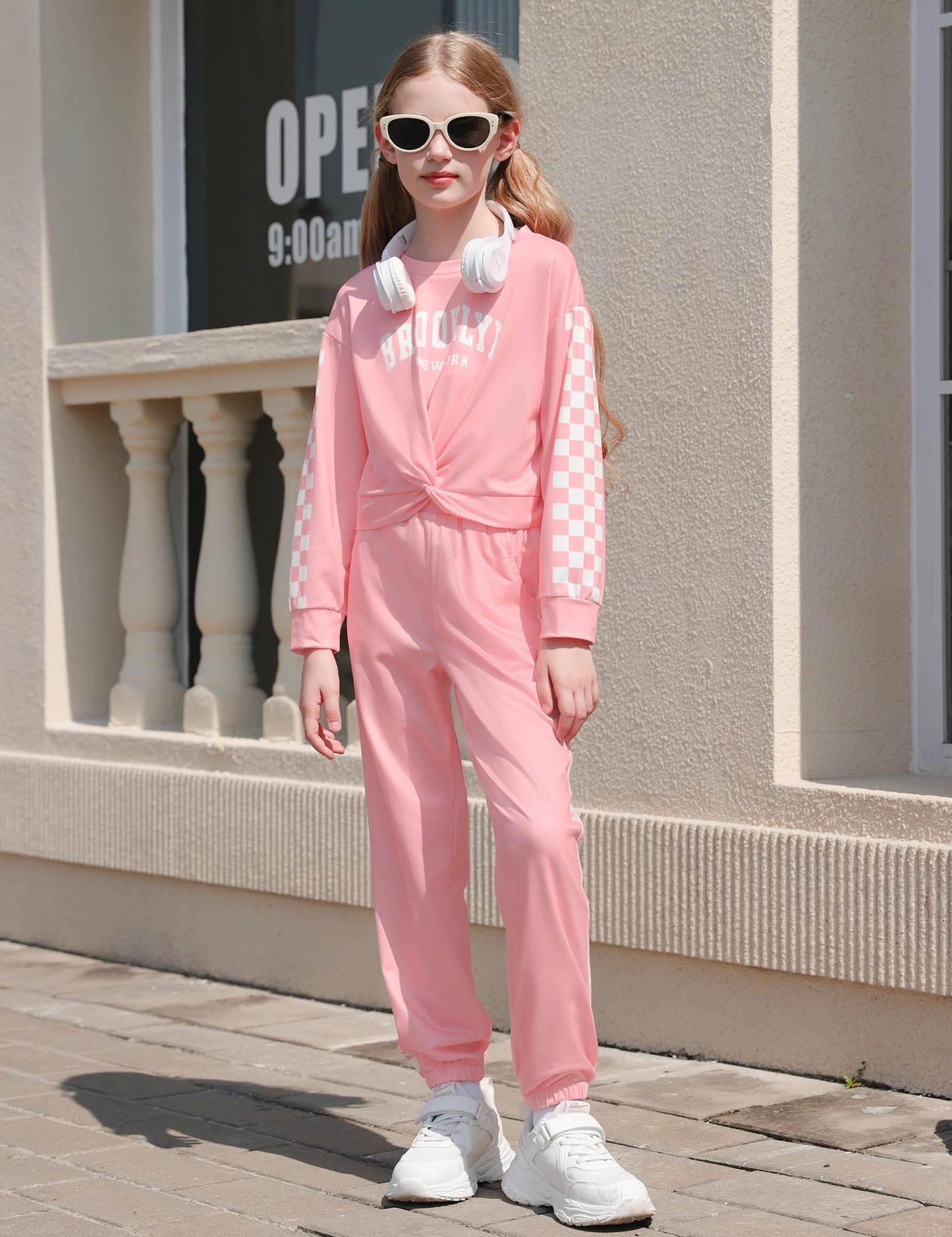Boiltcat Girl Clothes Size 8-10 Pullover Girls' Clothing Sets Twist Front Sweatshirt and Plaid Sweatpants 2 Piece Girls Sweatsuit Fall Winter Pink 9-10 Years