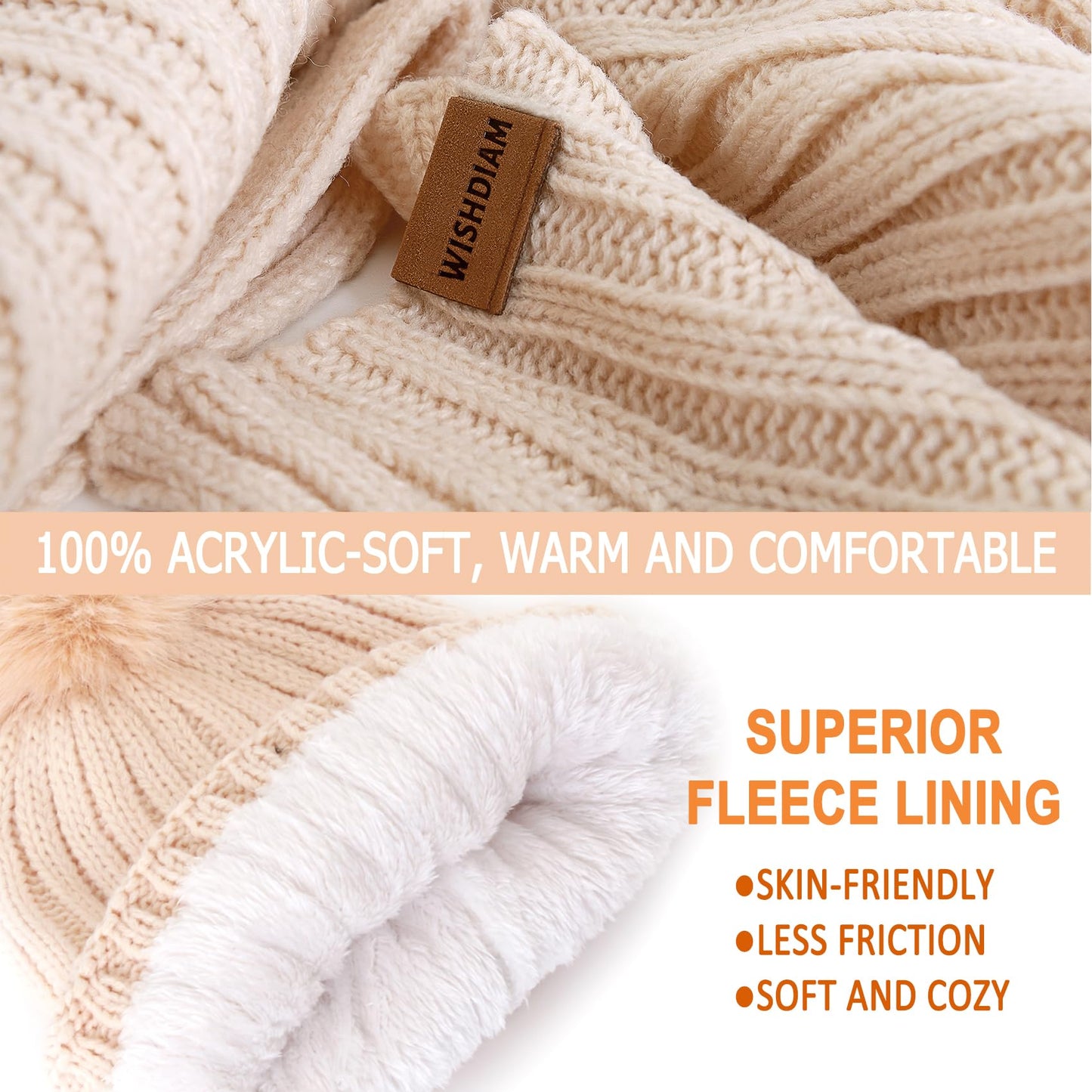 Women Beanie Hat Scarf Gloves Set, Women Winter Knitted Beanie Hat with Pom Pom Long Scarf Warmer Gloves with Touchscreen Set for Cold Weather, Warmer for Girls Women (Apricot)