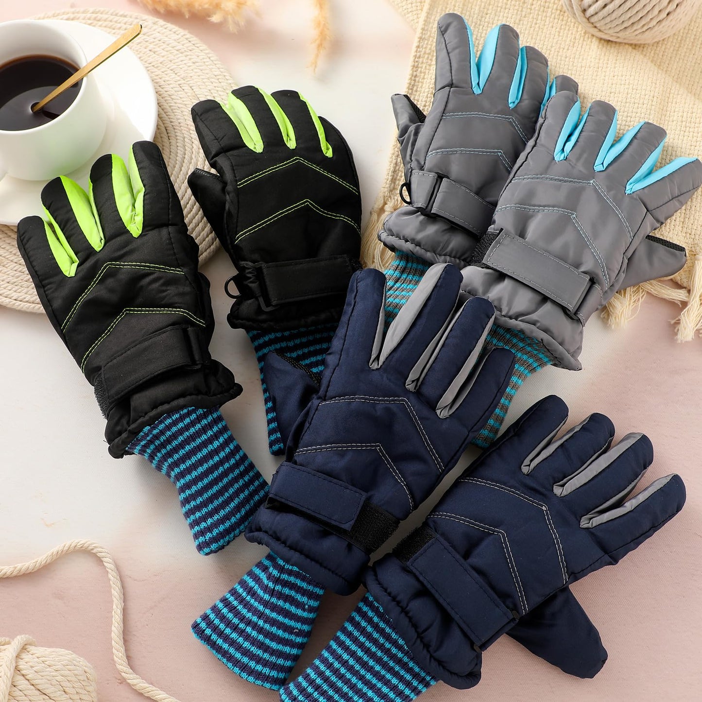 Newcotte 3 Pairs Kids Waterproof Winter Gloves Long Cuff Ski Snow Gloves Children Warm Mittens Gloves for Boy Girl Outdoor(Aged 6-10,Warm Style)