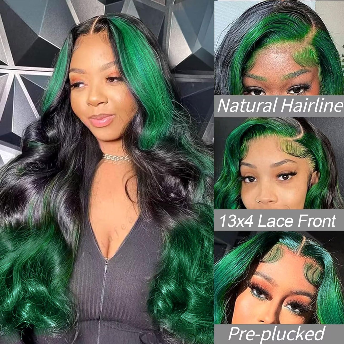 haha Green Ombre Lace Front Wig Human Hair Highlight Green Lace Front Wig Pre Plucked 13x4 Body Wave Lace Frontal Wig Black and Green Skunk Stripe Human Hair Wig Glueless Colored 18 Inch 150% Density