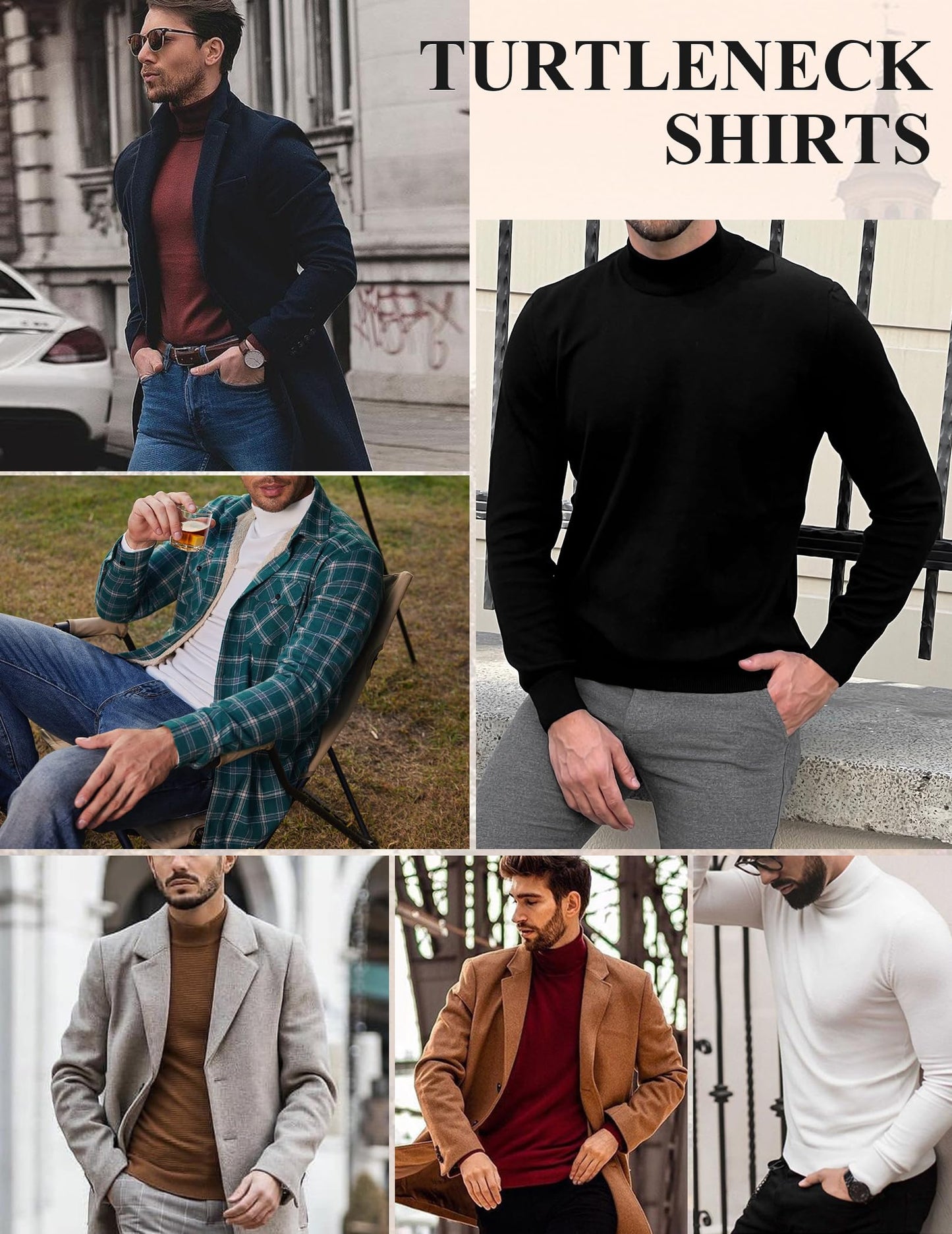 ZAFUL Mens Long Sleeve Turtleneck Undershirt Casual Knit Pullover Thermal Sweater Shirts Ribbed Tee for Fall Winter Brown L