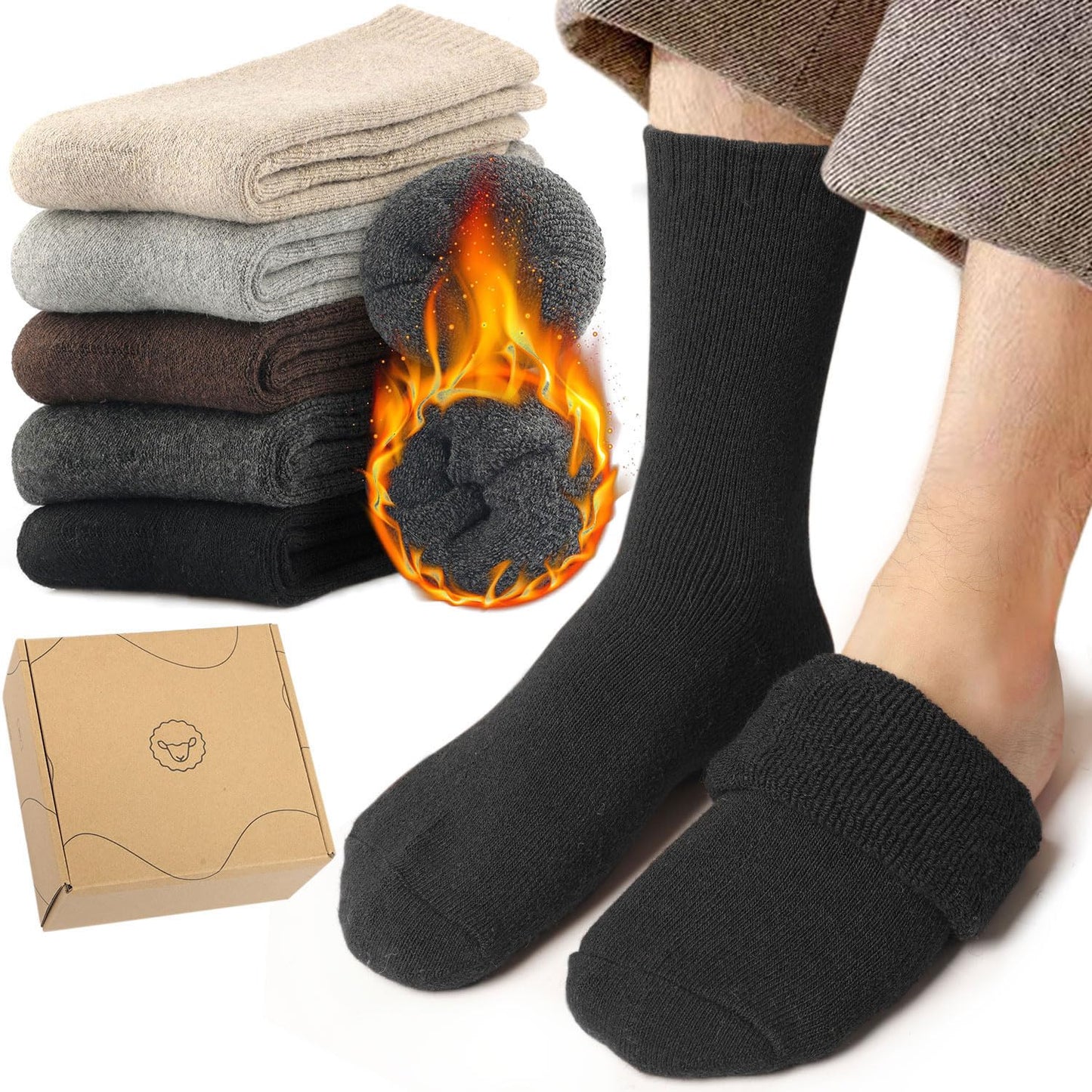 Toes Home Mens Socks for Winter, Warm Crew Wool Thermal Thick Hiking Boot Socks for Valentines Day Cozy Soft Heated for Cold Weather 5 Pairs Black