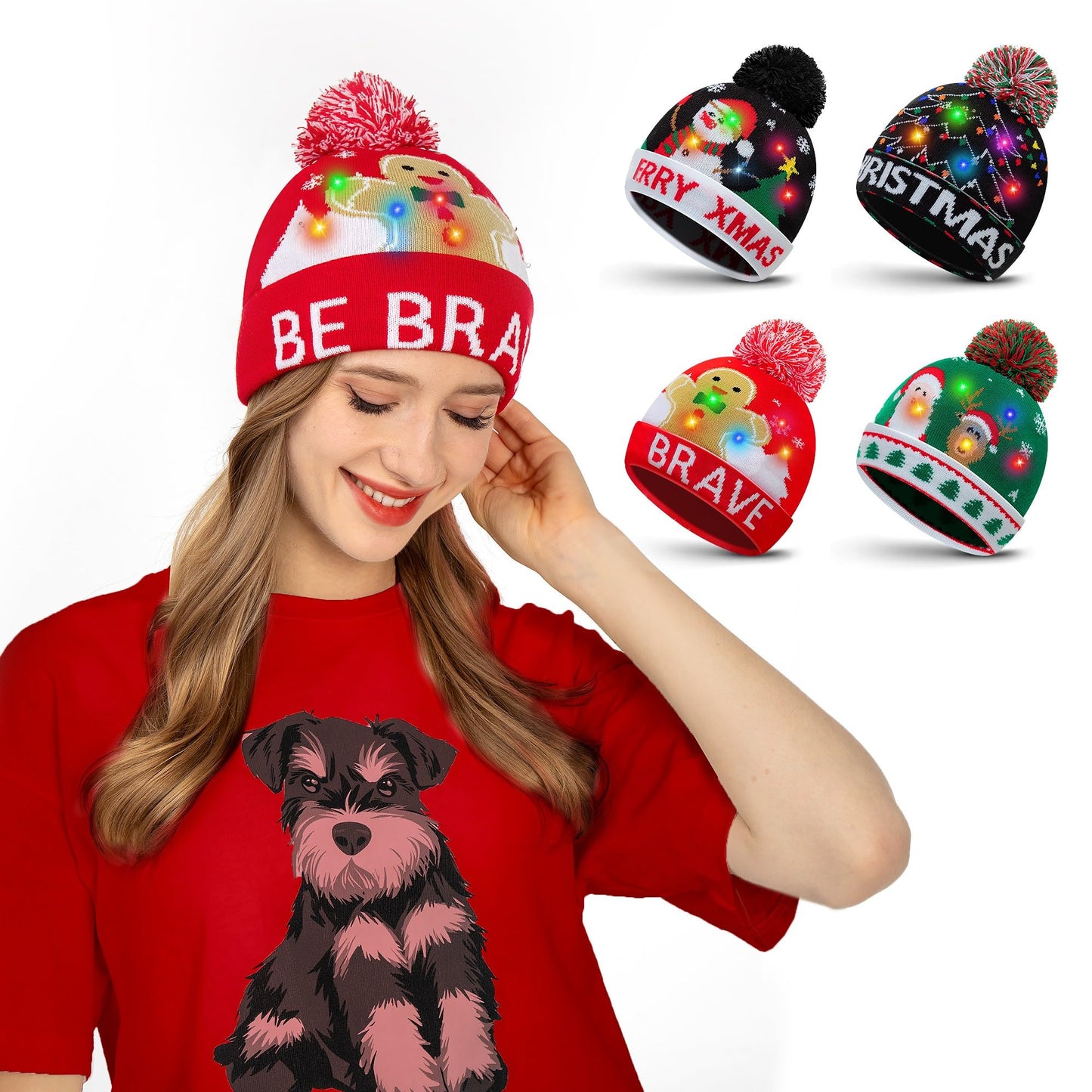 JAZGROM 4 Pack LED Light up Christmas Beanie Hats Xmas Knitted Hat Unisex Winter Hat Flashing Knit Cap Party Hat for Men Women Holiday Party Supplies (Battery Included)
