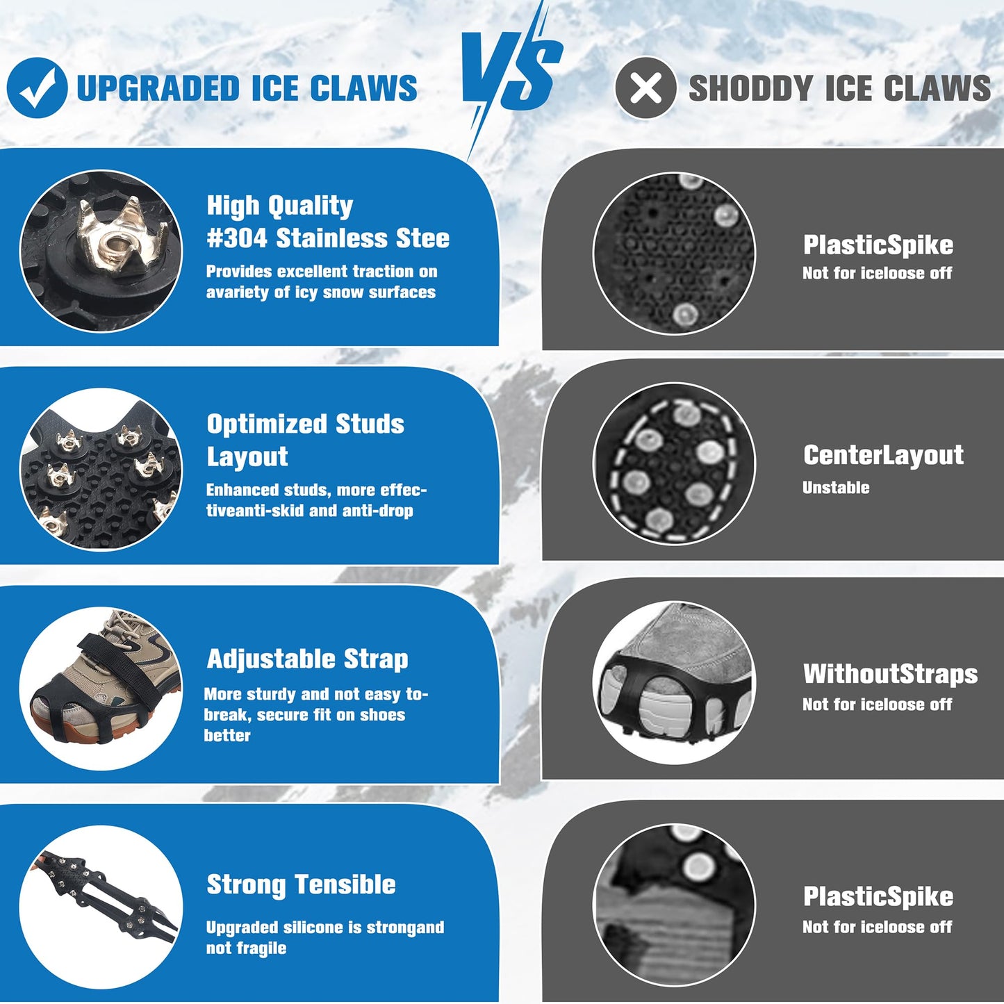 Walk Traction Ice Cleats, Anti-Skid Ice Snow Grips 9 Stainless Steel Studs Winter Crampons with Straps Over Shoe Boots for Hiking Climbing,Ice Fishing and Walking XLarge