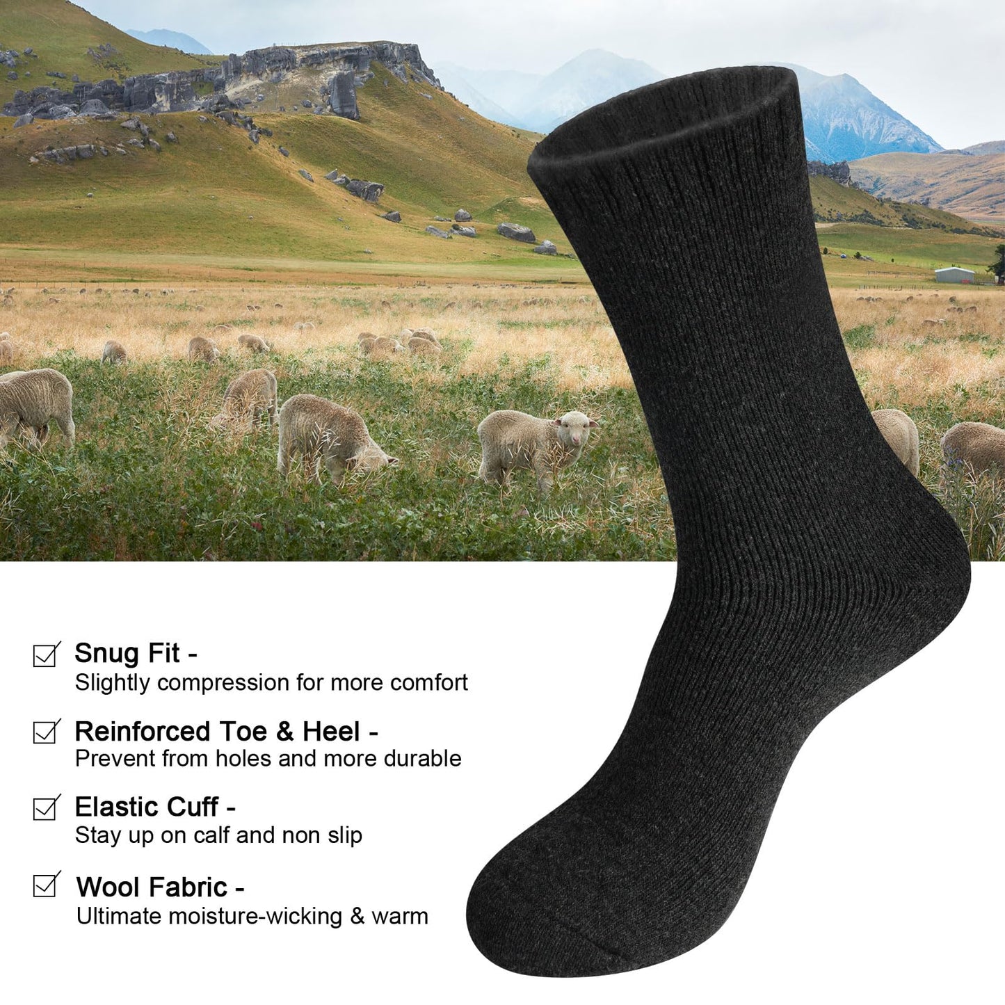 Toes Home Mens Socks for Winter, Warm Crew Wool Thermal Thick Hiking Boot Socks for Valentines Day Cozy Soft Heated for Cold Weather 5 Pairs Black
