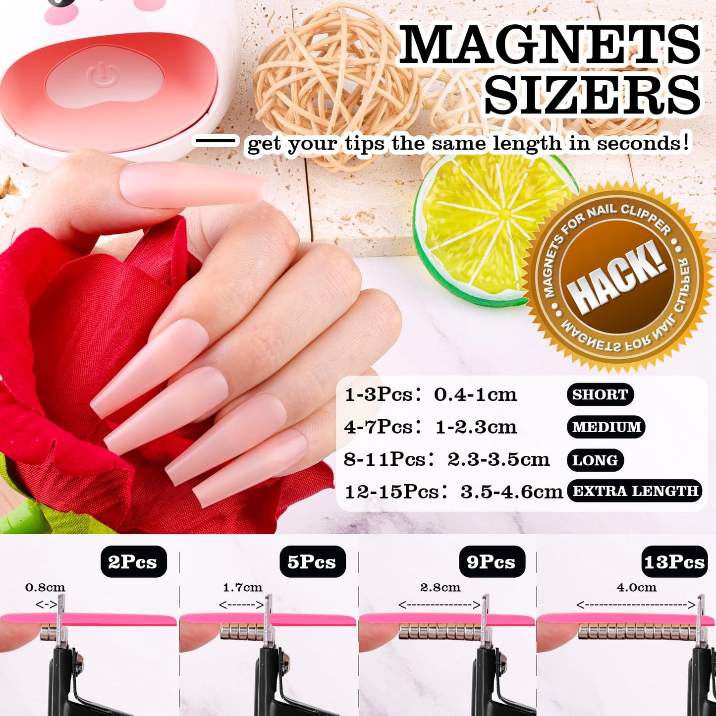 Black Premium Adjustable Nail Clippers with Magnets Sizers for Acrylic Nails, Stainless Steel Nail Cutter Trimmer for Artificial Fake False Tips Manicure Sharp Blade Clip Tool for Salon Beauty