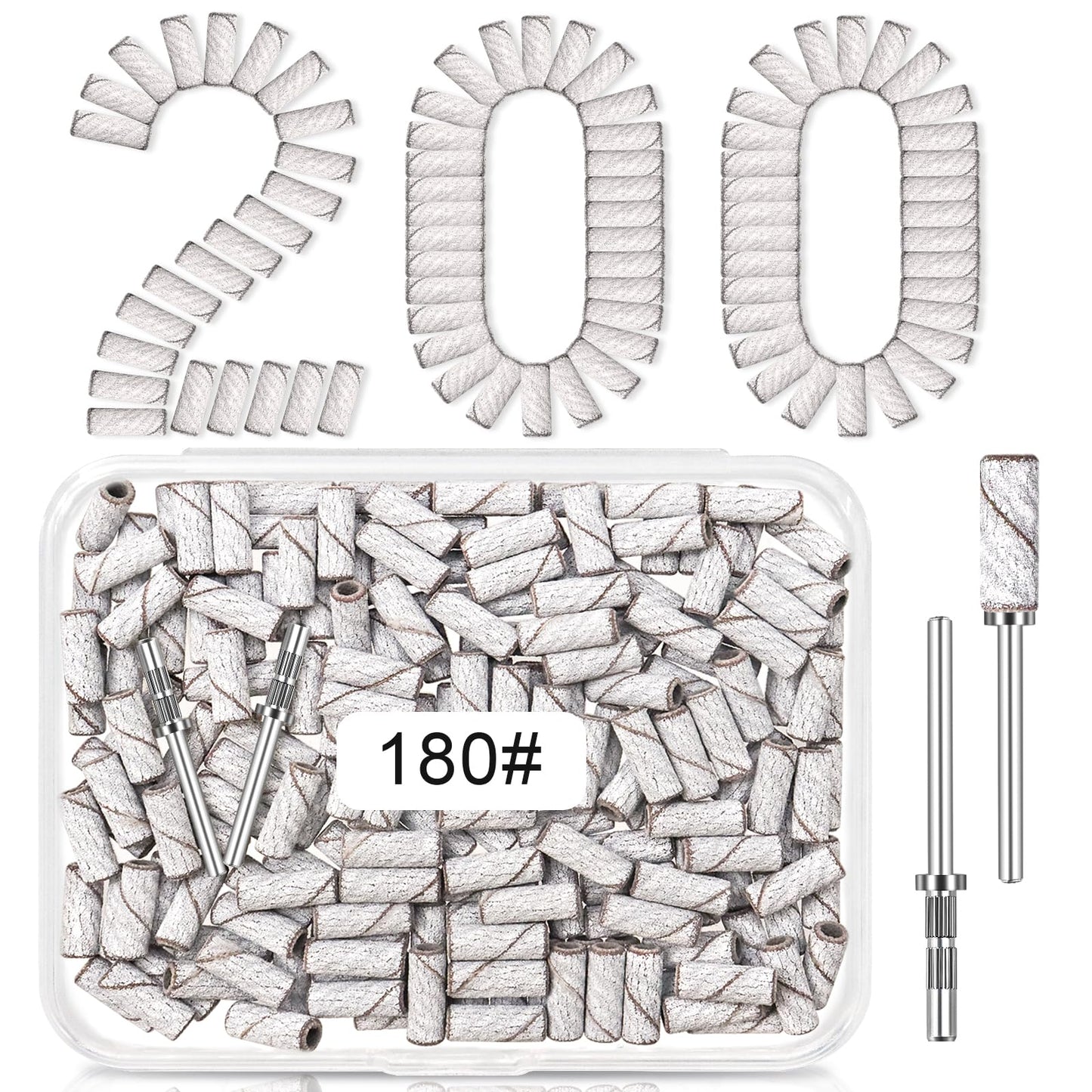 180 Grit Mini Sanding Bands for Nail Drill, 200 Pcs Small Sanding Bands for Nail with 2 Pcs Mandrel Bits, 3.1 MM Nail Sanding Bands for Acrylic Nails Gel Removing Shaping, Manicures and Pedicure