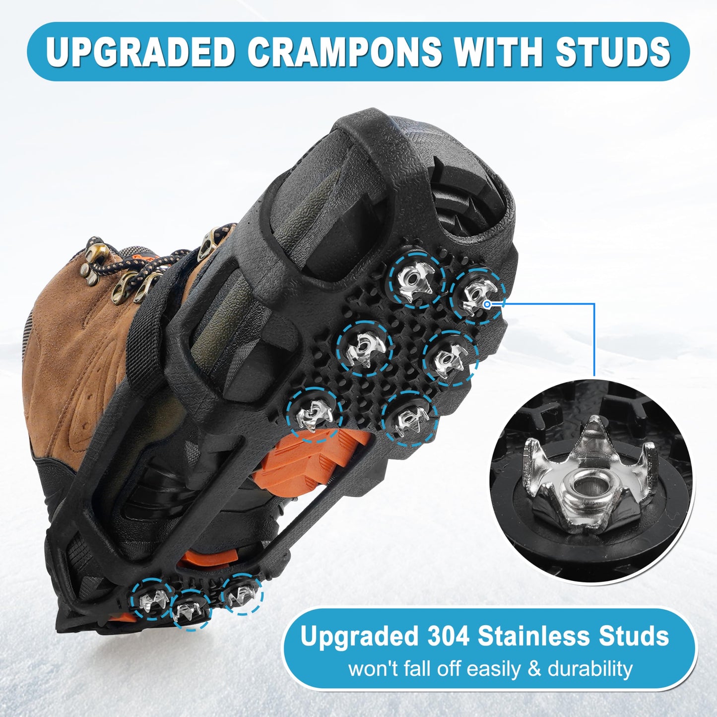 Ice Cleats for Shoes and Boots Snow Traction Cleats Crampons for Walking on Snow and Ice 9 Studs Non-Slip Overshoe Rubber Anti Slip Crampons Slip-on Stretch Footwear Winter Hiking Climbing Ice Fishing