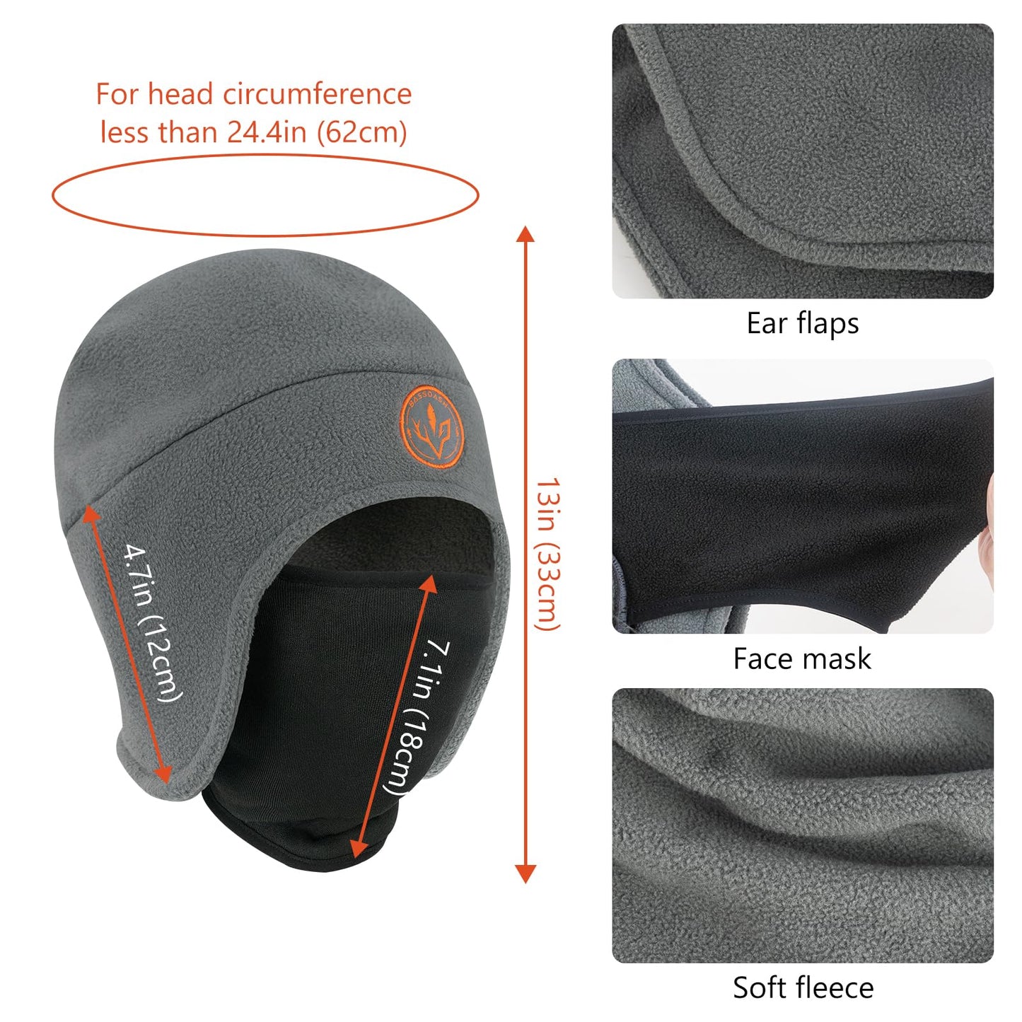 BASSDASH Soft Fleece 2-in-1 Hat with Ski Mask Ear Flap Ice Fishing Hunting Beanie for Men Women Cold Weather Winter Grey