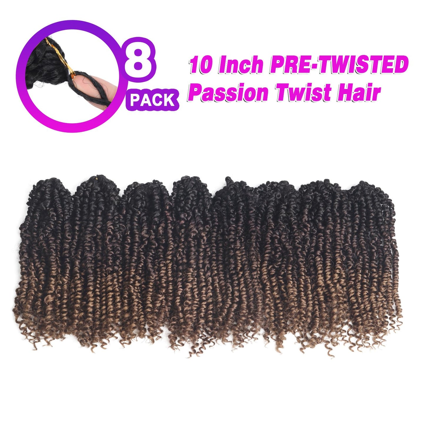 Bileaf Ombre Passion Twist Hair Pre Looped 10 Inch Passion Twist Crochet Hair for Women, Pre Twisted Boho Crochet Twist Braids for Girls 8 Packs Soft Short Passion Twists Curly Ends Hair Extensions