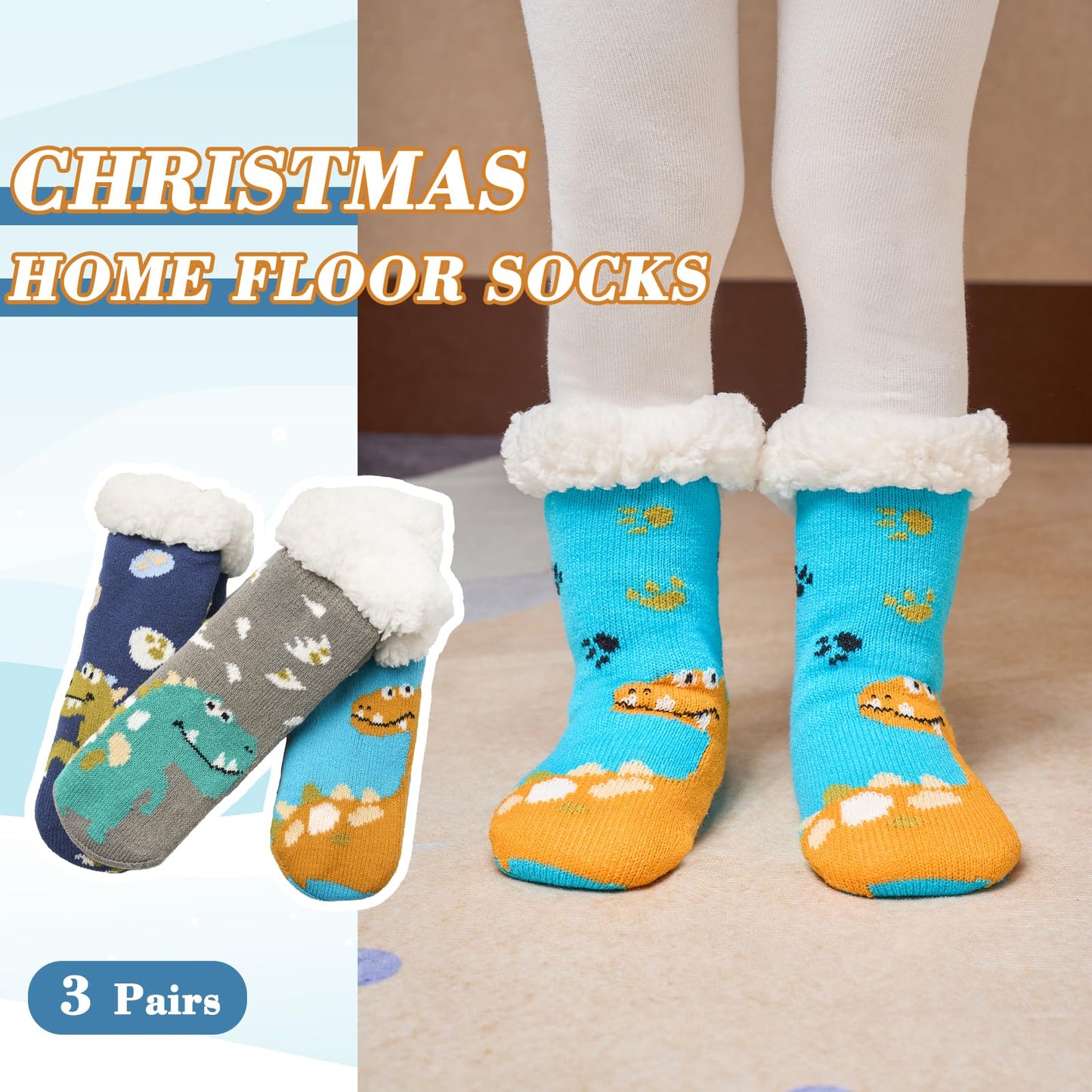 Moon Tree Toddler Boys Fuzzy Socks Winter Warm Socks for Kids Boys Thick Thermal Fleece Lined Fluffy Socks for Home 3 Pack Cartoon Dinos 2-3T