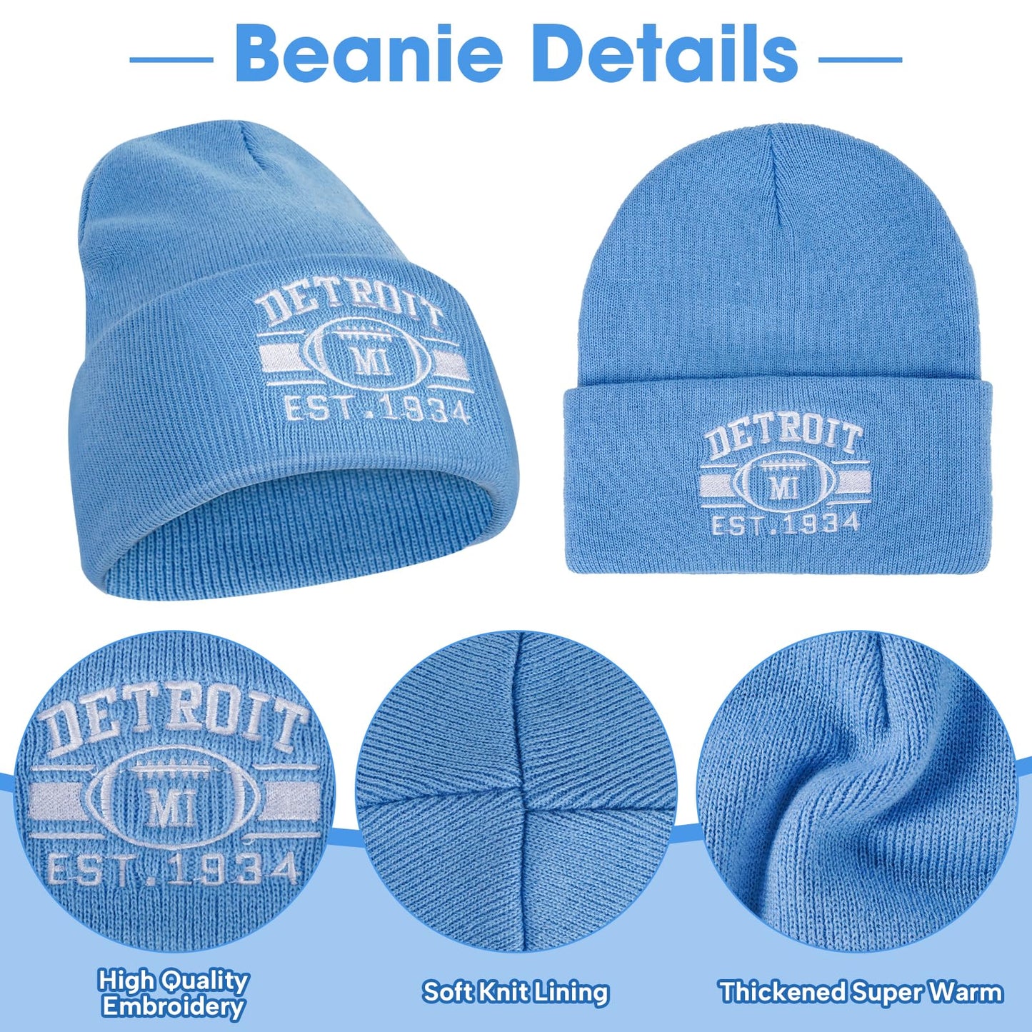 Classic City Football Fans Beanie Hat Embroidery Skull Cap Vintage Cuffed Knit Winter Hat with Warm Gloves Gifts for Men Women(Detroit,Sky blue)