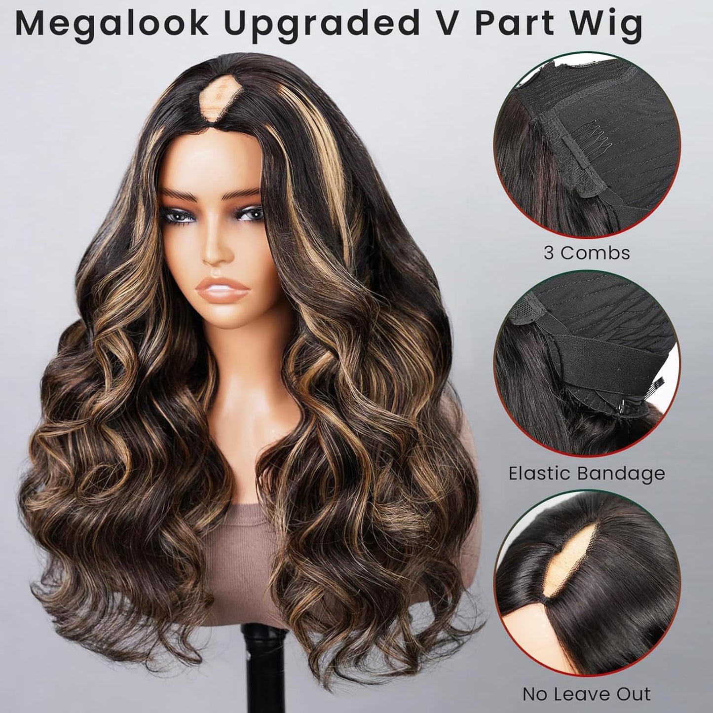 MEGALOOK V Part Wig Human Hair Highlight Wig Upgrade U Part Wigs for Black Women Human Hair Body Wave Human Hair Wig 180% Density No Glue No Sew In No Leave Out Beginner Friendly Half Wig 18 Inch