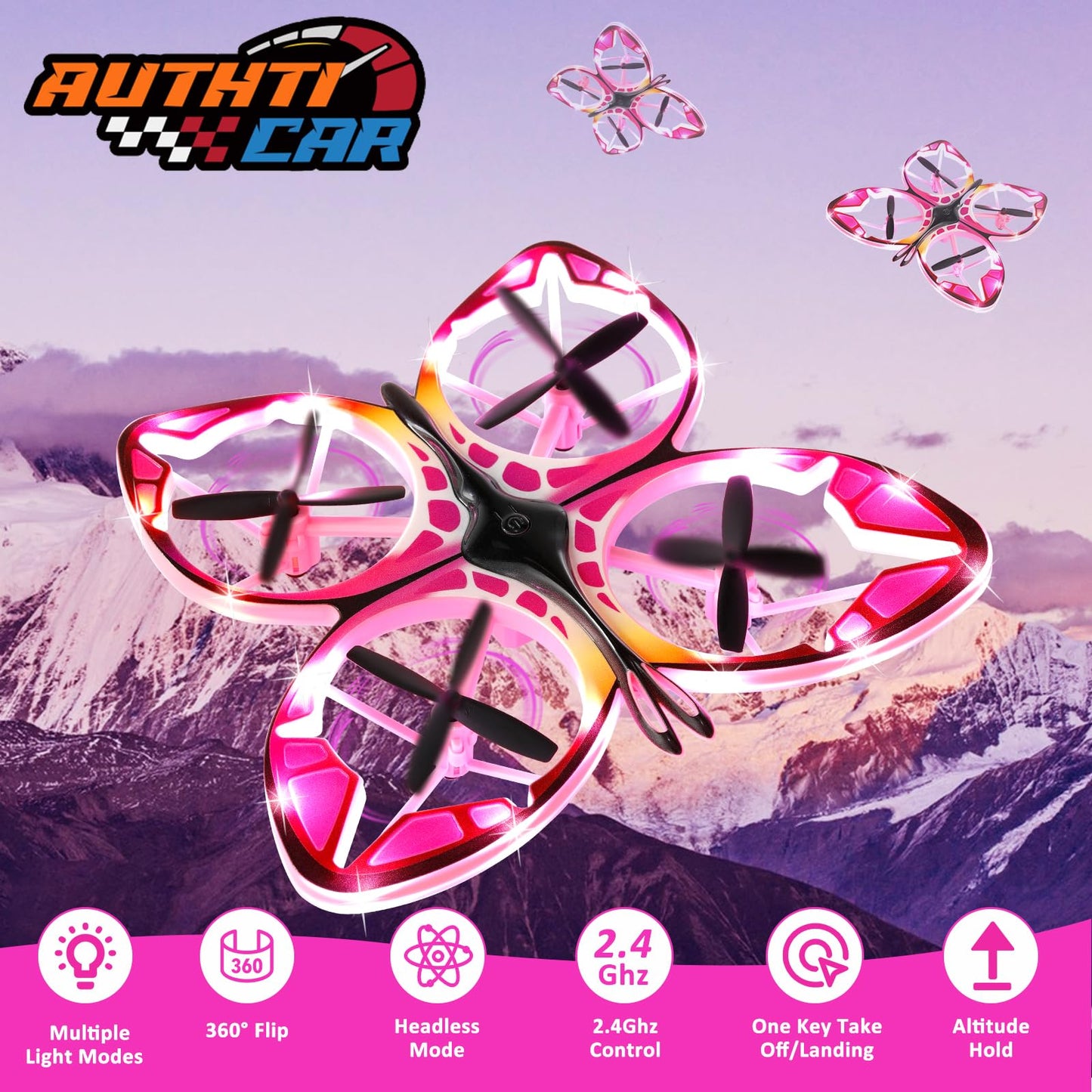 Authticar Kids Mini Drone - RC Butterfly Drone for Beginners with Colorful Light, 3D Flip, Headless Mode, Altitude Hold, Remote Control Quadcopter Gift for Age 6-14 Boys & Girls