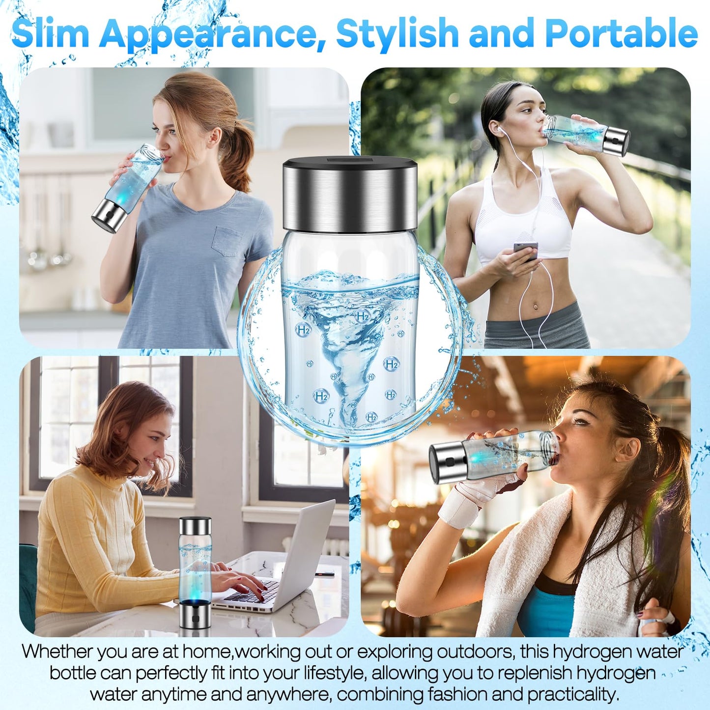 Hydrogen Water Bottle Generator – Produces Hydrogen Water Alternative to Hydrogen Water Tablets,3-Min Hydrogen Water, Inhalation & Drinking, Auto Clean, Slim & Portable for Travel, Gym, Office