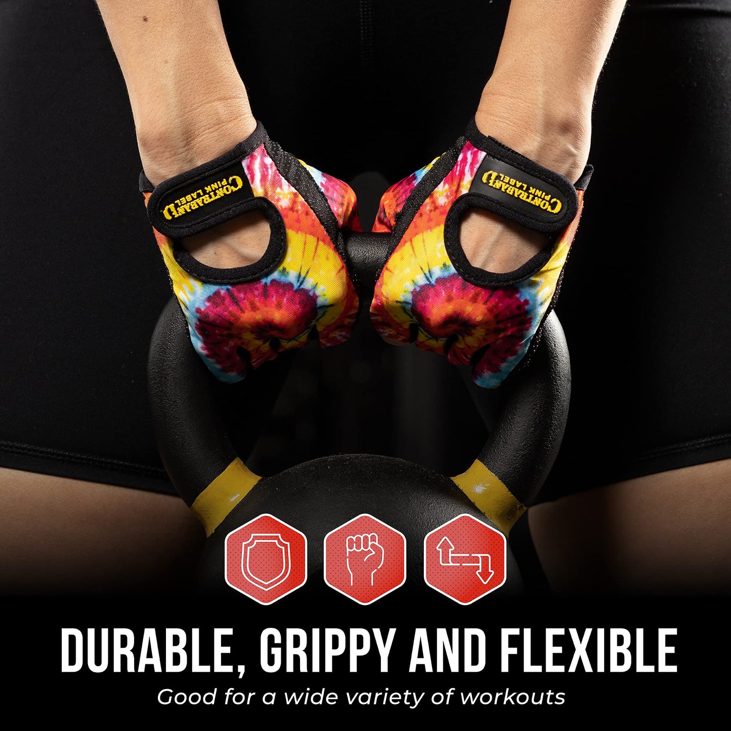 Contraband Pink Label 5347 Womens Designer Workout Gloves | Tie Dye Print w/Grip-Lock⢠Silicone Palm (X-Small, Rainbow)