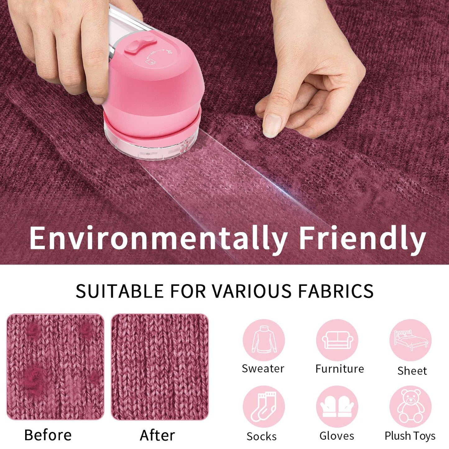 Fabric Shaver & Lint Remover, Electric Fuzz Remover, AC Adapter or Battery Operated Sweater Shaver, 3 Shave Heights - Removes Clothes Fuzz, Lint Balls, Pills, Bobbles(Pink Yellow Color