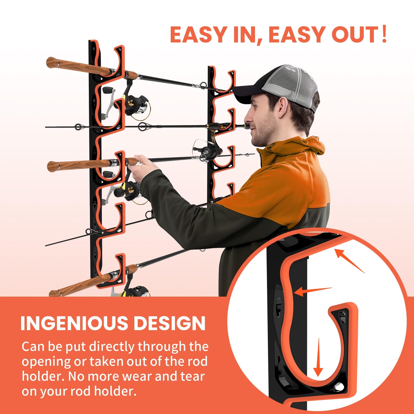 Fishing Rod Holder for Garage, H5 Wall or Ceiling Mounted Fishing Pole Holders with Soft Protective Pad, Fishing Rod Storage Organizer, Horizontal Fishing Rod Wall Mount Nets Storage (2 PACK)