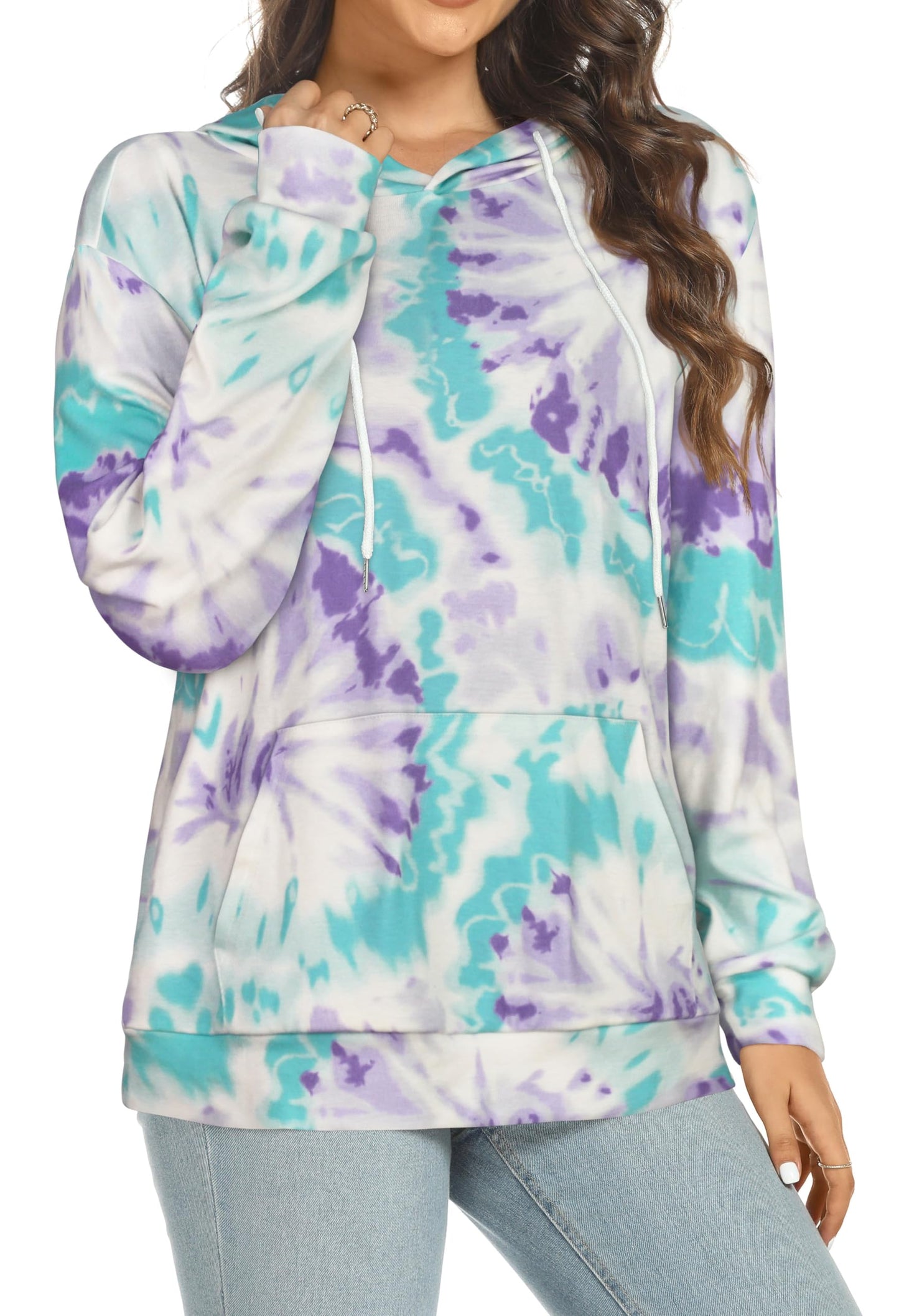 rosemia Hoodies for Women Drawstring Pullover Sweatshirts Casual Long Sleeve Tops with Pocket (Purple Blue Tie Dye,2XL)