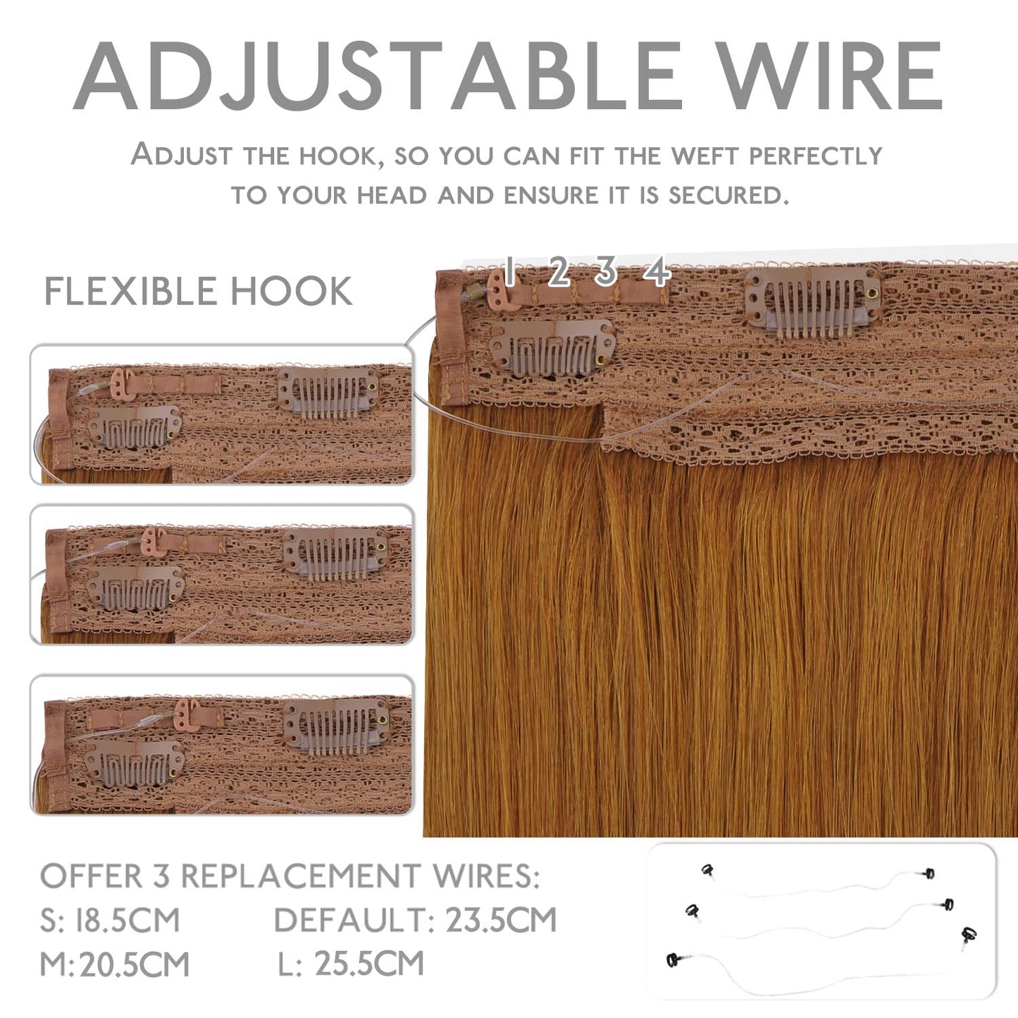 WENNALIFE Wire Hair Extensions (Increase 50% Lifespan) Real Human Hair 12 inch 70g Auburn Ginger Remy Wire Hair Extensions Invisible Transparent Fish Line Straight Real Hair Extensions