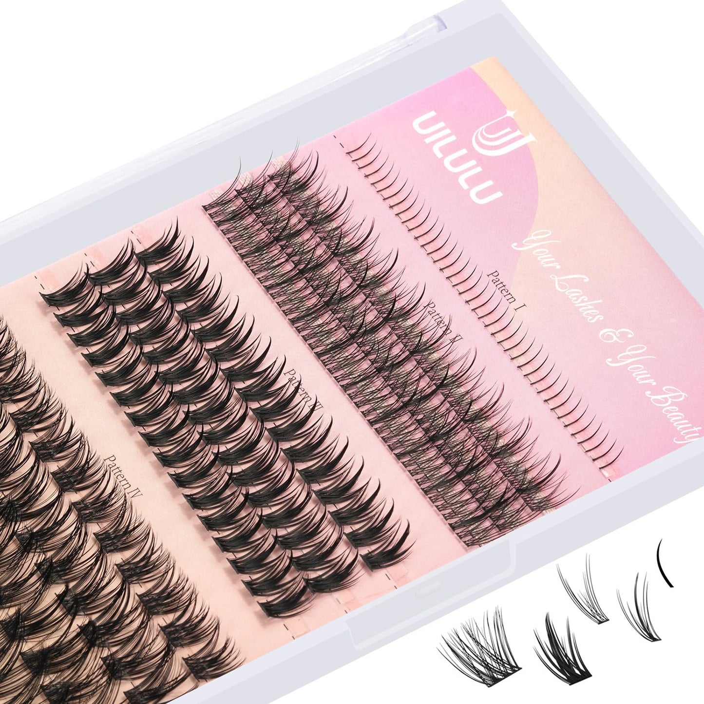 UILULU DIY Lash Clusters 4 Styles In One Individual Natural Lashes Clusters with Bottom Lashes, False Eyelashes Manga Clusters Lashes At Home DIY Lash Extensions (U01-4in1, 5-16MM Lash Only)