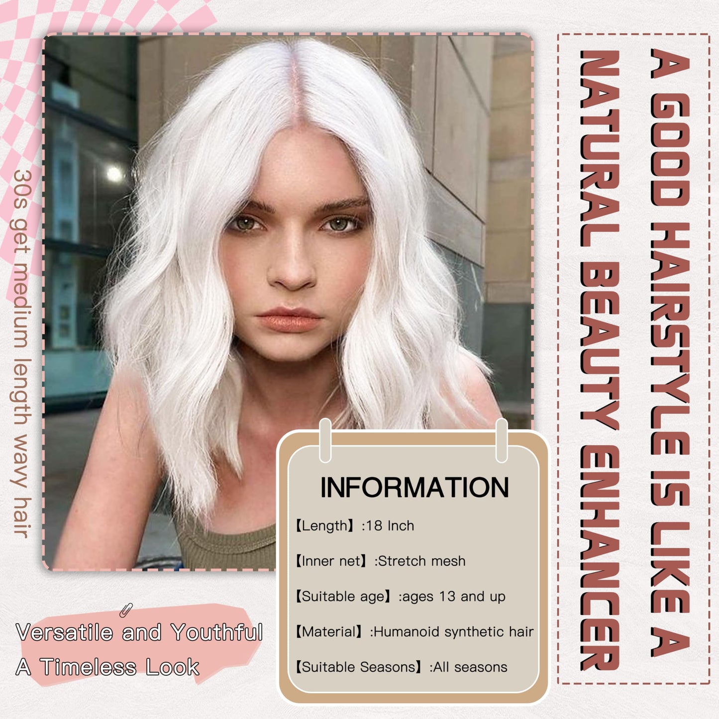 BUPPLER White Wig 18 Inch Medium Length Wigs for Women Middle Part Synthetic Hair Wavy Wig with Upgraded Strands,Natural Hair Wig for Daily Party/Halloween Use 18Inch,White