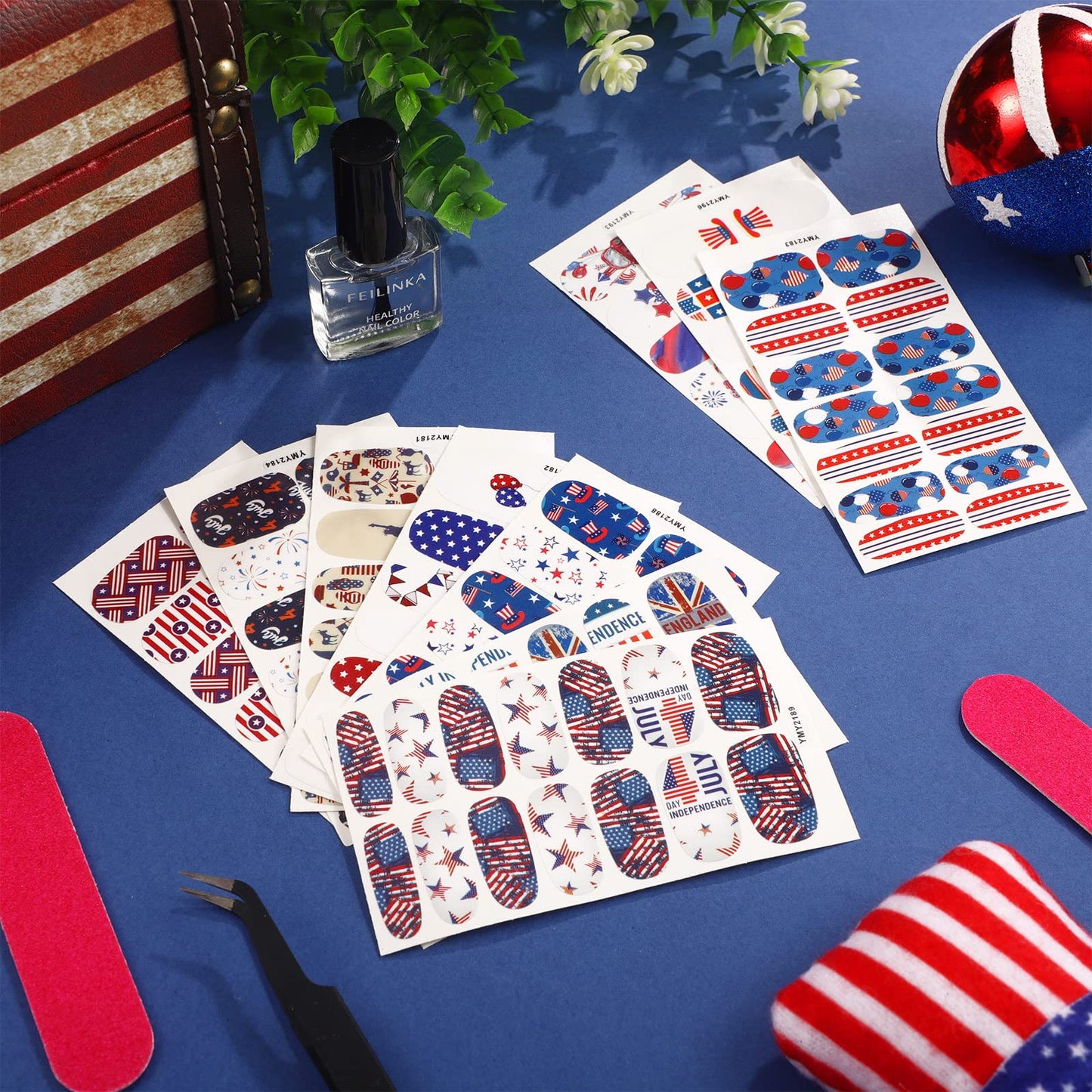 Maitys 140 Pcs 10 Sheets Patriotic Full Wrap Nail Stickers 4th of July Polish Strips Gradient Stickers Memorial Independence Day Glitter Self Adhesive DIY Art Strips with 2 Pcs Nail Files