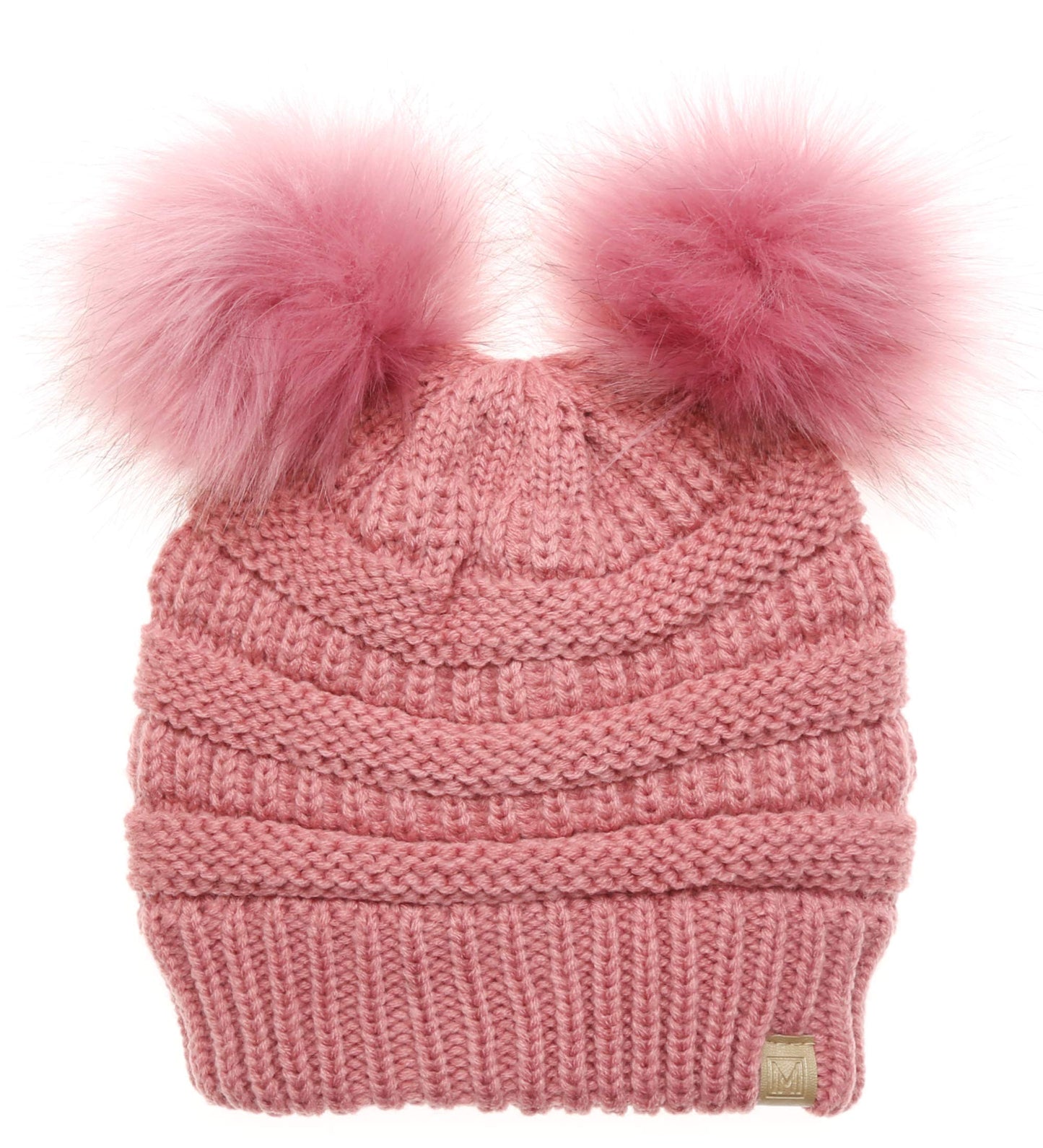 MIRMARU Kids Boys & Girls Winter Soft Warm Knitted Beanie Hat with Faux Fur Pom Pom for Ages 7-12 (Double Pom - Dusty Pink)