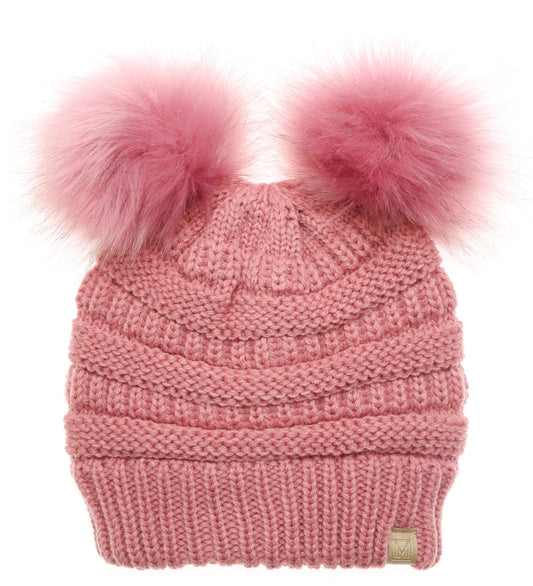 MIRMARU Kids Boys & Girls Winter Soft Warm Knitted Beanie Hat with Faux Fur Pom Pom for Ages 7-12 (Double Pom - Dusty Pink)