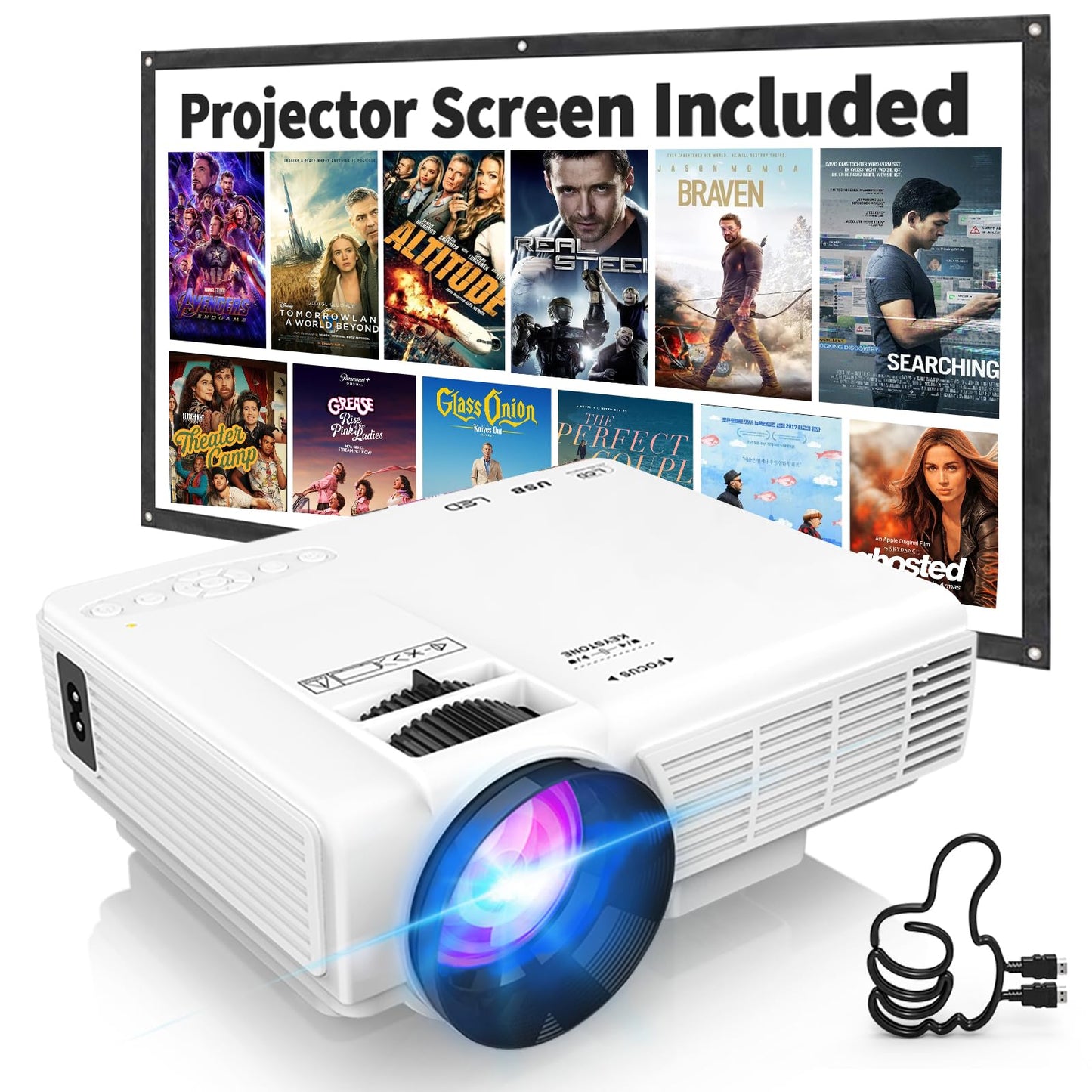 PANSEBA Projector with Two-way Bluetooth, Mini Projector with Projector Screen, Full HD 1080P Portable Video Projector, Home Movie Projector Compatible with HDMI/USB/Smartphone