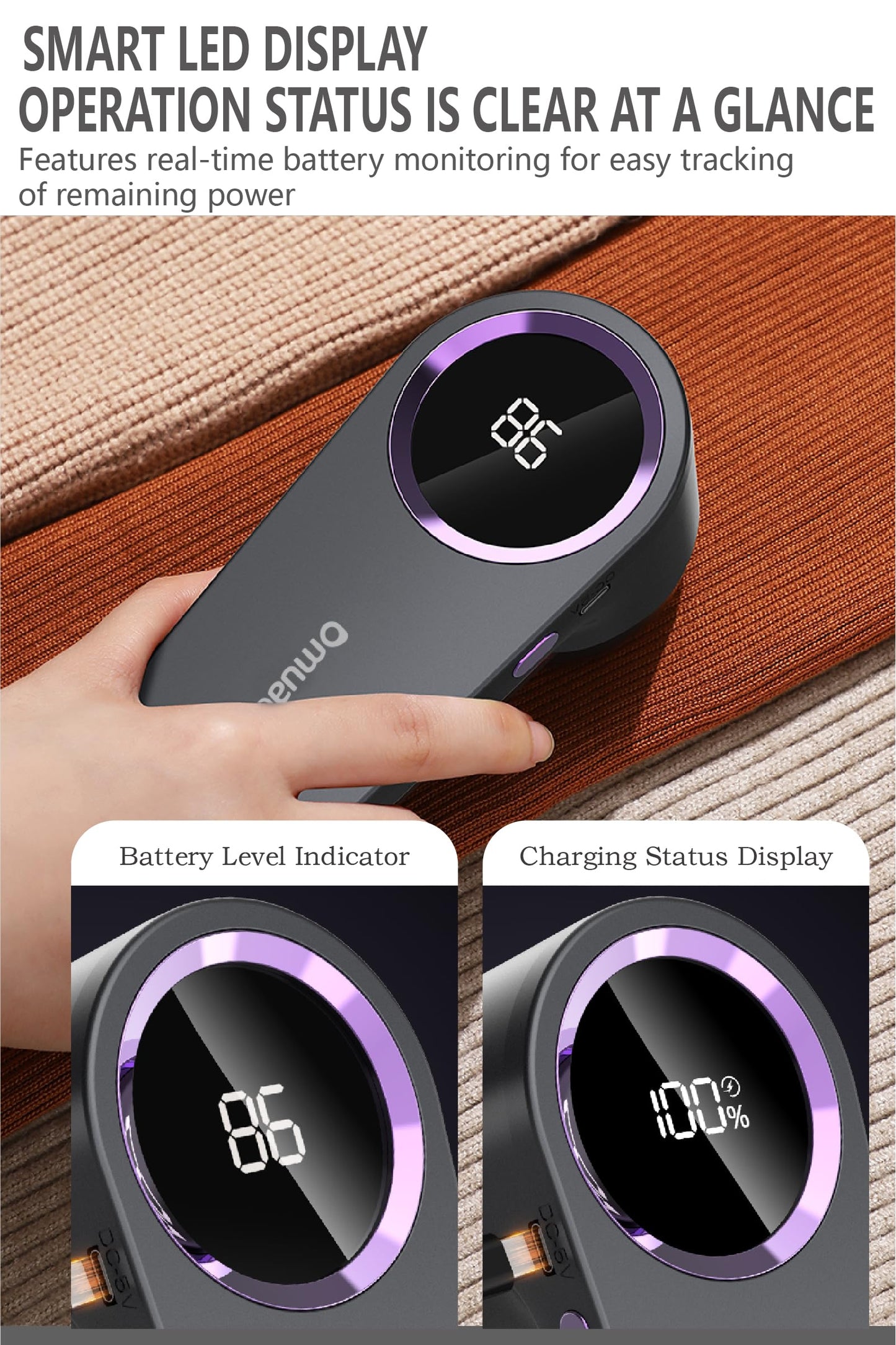 Fabric Shaver, Lint Remover Rechargeable, Electric Portable Sweater Defuzzer with 6-Leaf Blades, Digital Screen, Remove Pilling for Clothing, Couch, Furniture, Fuzz, Lint Ball, Pillings(White)