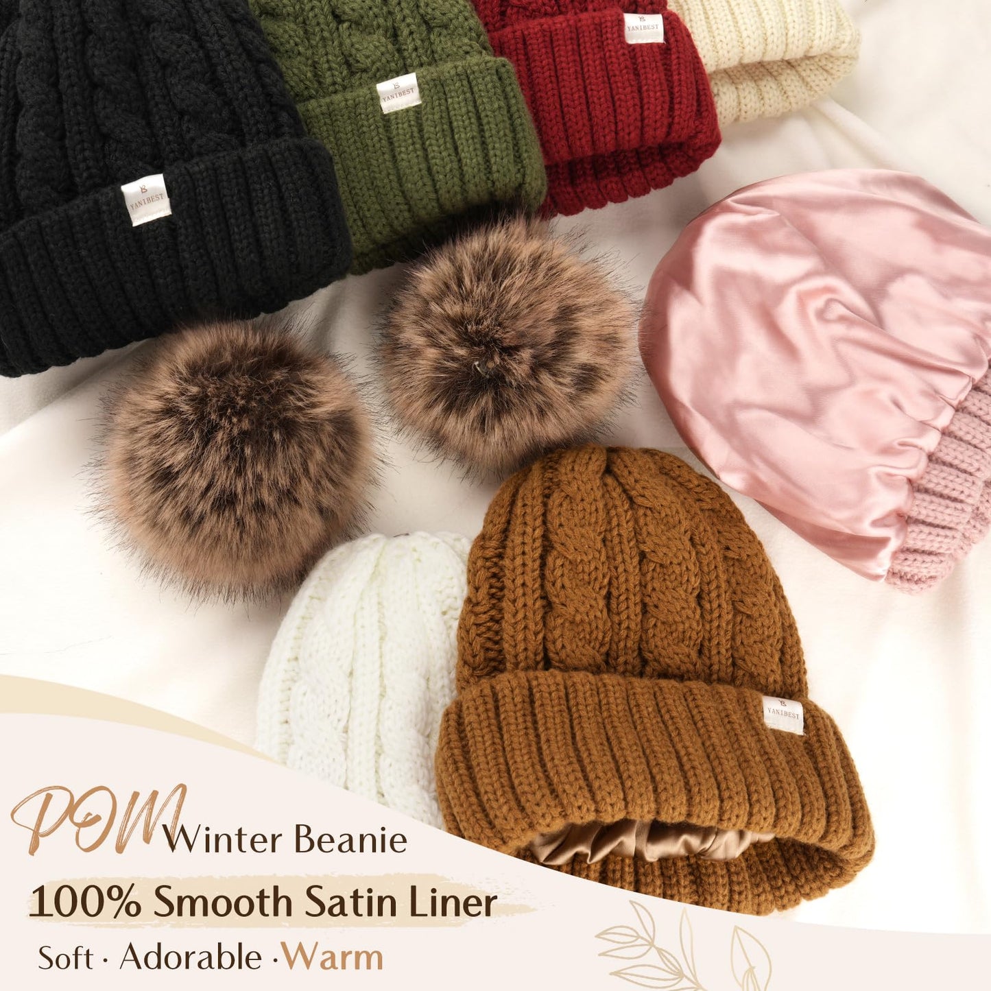 YANIBEST Winter Hats for Women Satin Lined Knitted Beanie Hat Warm Soft Ski Cuff Cap with Pom Pom Pink
