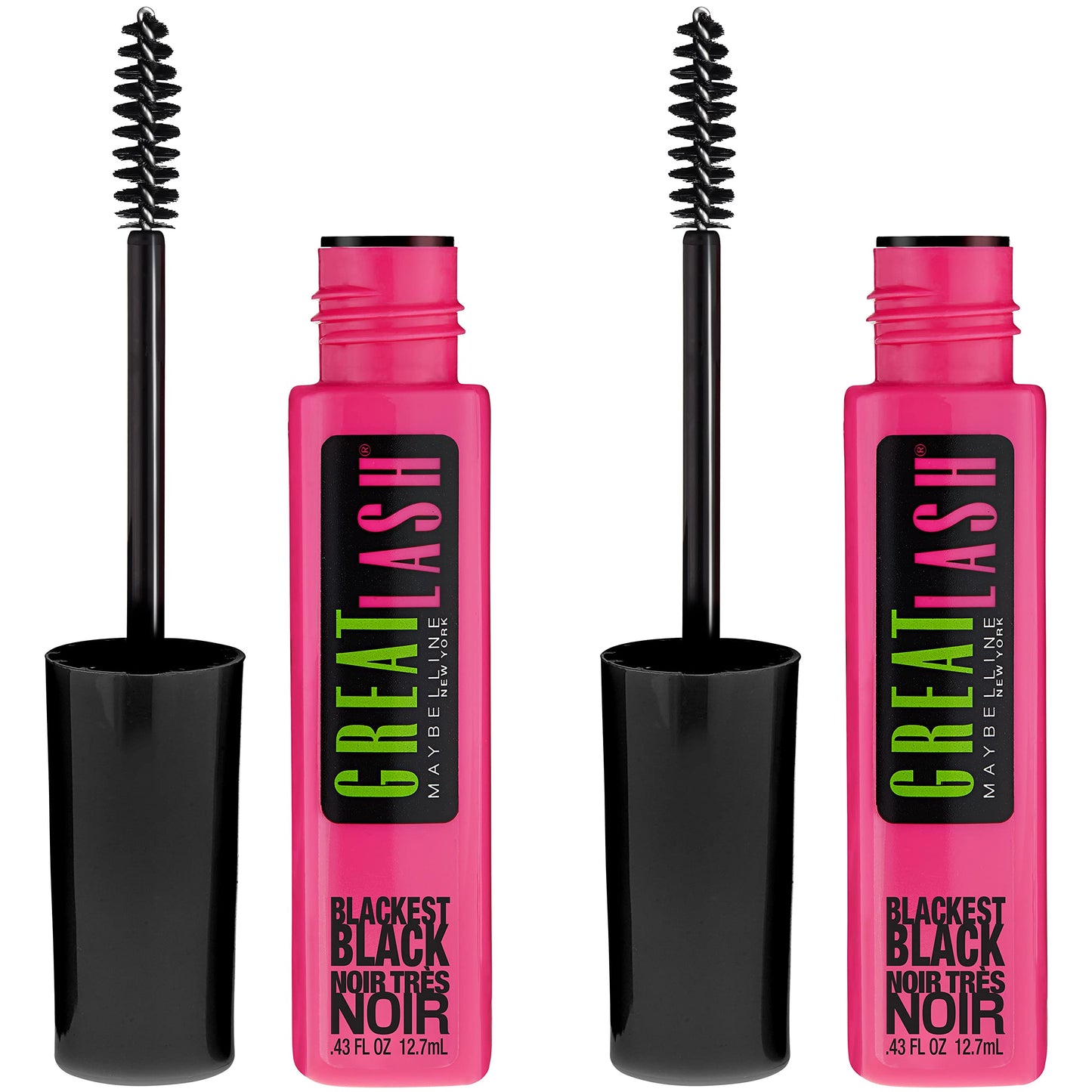Maybelline Great Lash Washable Mascara Makeup, Volumizing Lash-Doubling Formula That Conditions As It Thickens, Blackest Black, 2 Count
