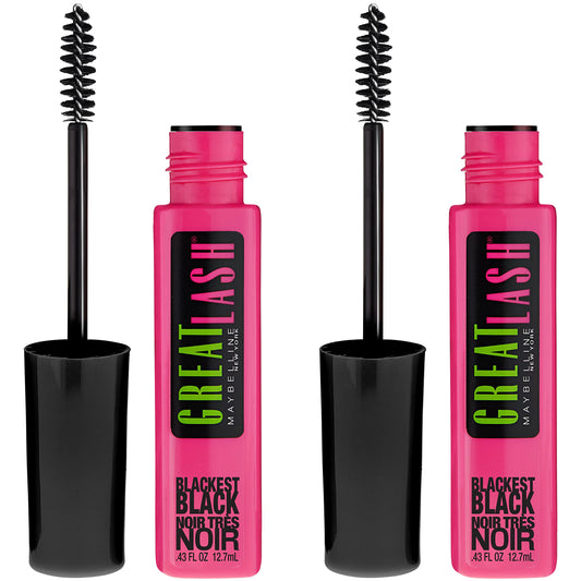 Maybelline Great Lash Washable Mascara Makeup, Volumizing Lash-Doubling Formula That Conditions As It Thickens, Blackest Black, 2 Count