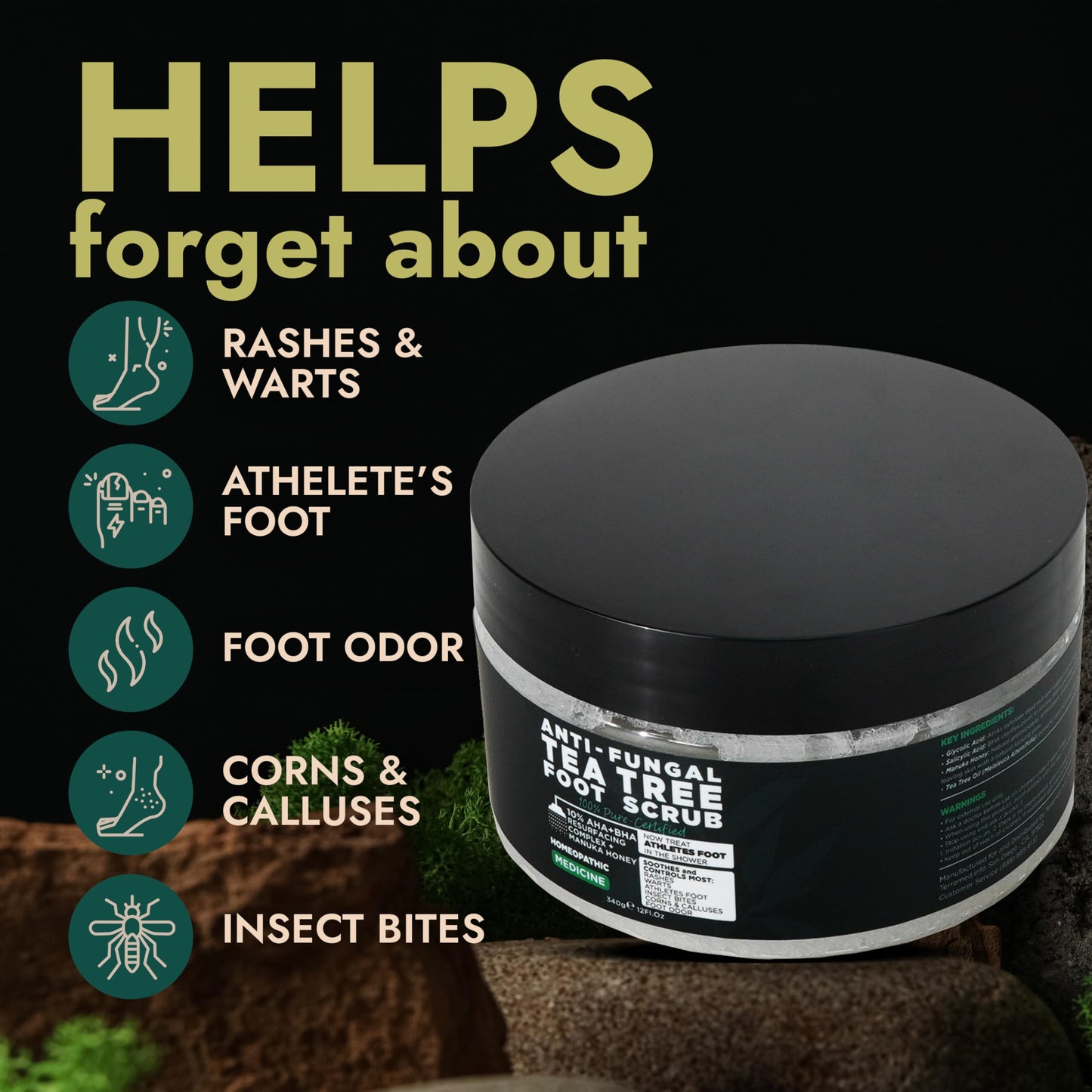 Tea Tree Foot Scrub with Salicylic & Glycolic Acid - Best Exfoliating Foot Scrub for Dead Skin, Rashes, Warts, Athlete's Foot, Corns & Calluses, Foot Odour, Insect Bites - Foot Care for Women & Men
