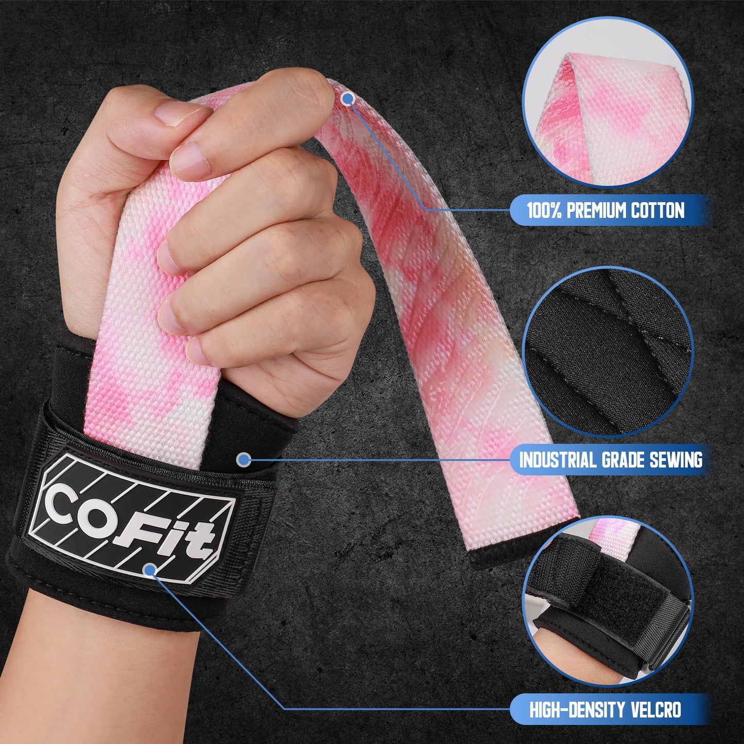 COFIT Workout Lifting Straps, Heavy Duty Weightlifting Wrist Straps with Extensive Cotton Padding Area, Enhanced Grip for Deadlifts, Powerlifting, Pull-Ups, Strength Training - Colorful Pink
