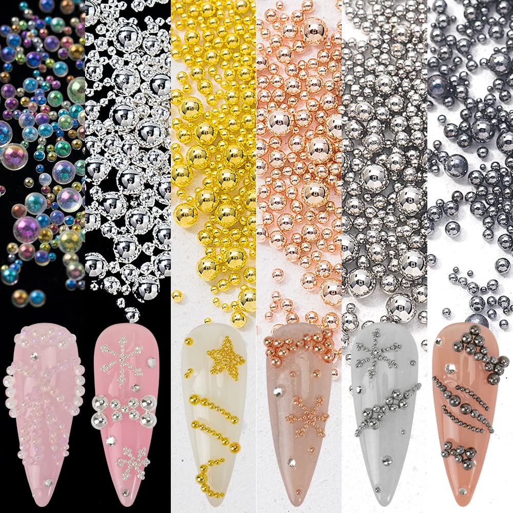 6 Boxes Nail Art Beads Nail Art Metal Balls Nail Beads For Nail Art Gold Silver Rose Gold Nail Art Steel Beads Nail Caviar Beads For Nail Art Nail Bubble Beads For DIY Crafts Decoration