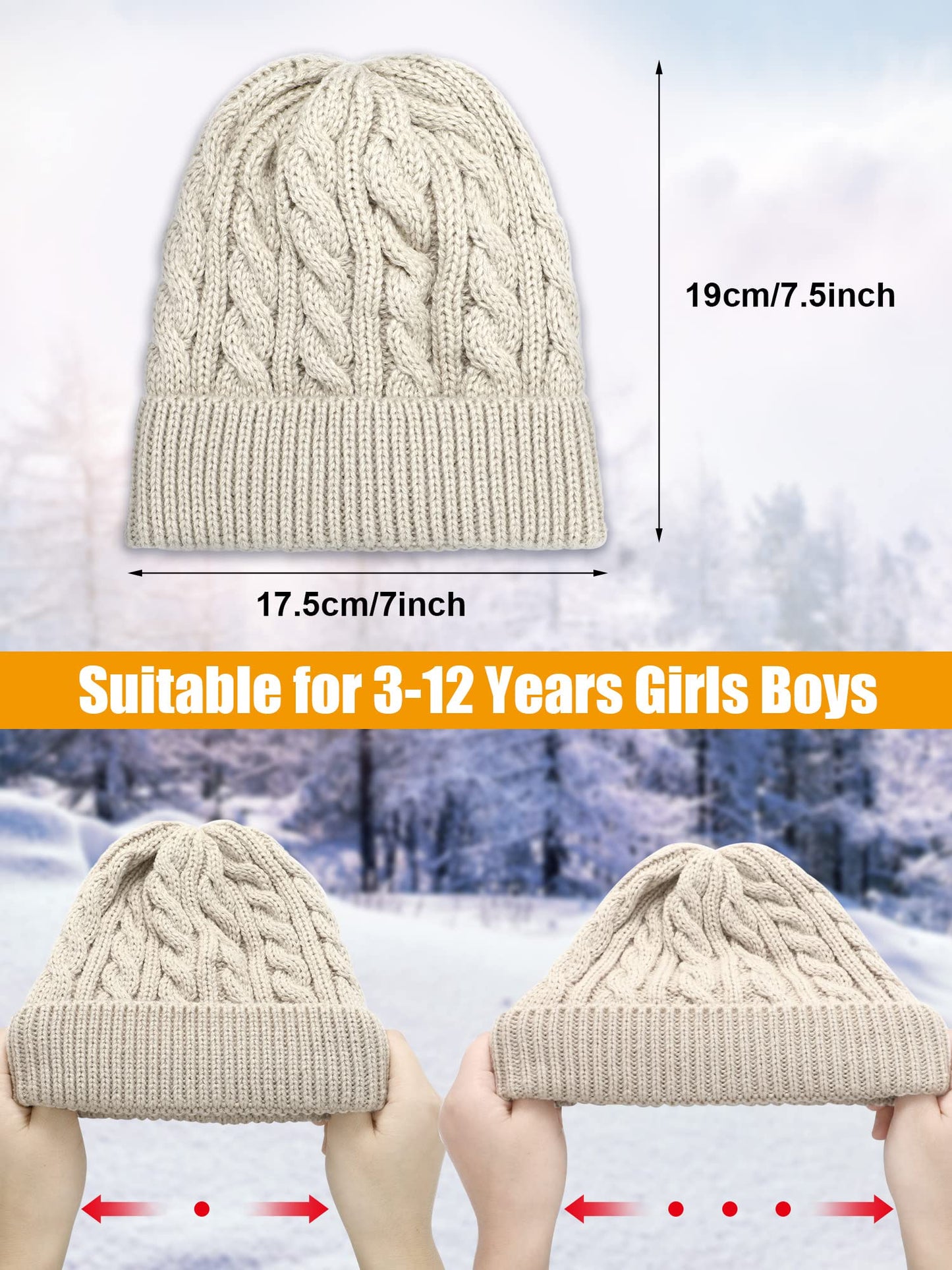 3 Pieces Kids Satin Lined Knit Beanies Winter Hat Child Warm Ski Skull Caps for Girls Boys Baby Toddlers 3-12 Years (Black, Beige, Ginger,Simple Style)