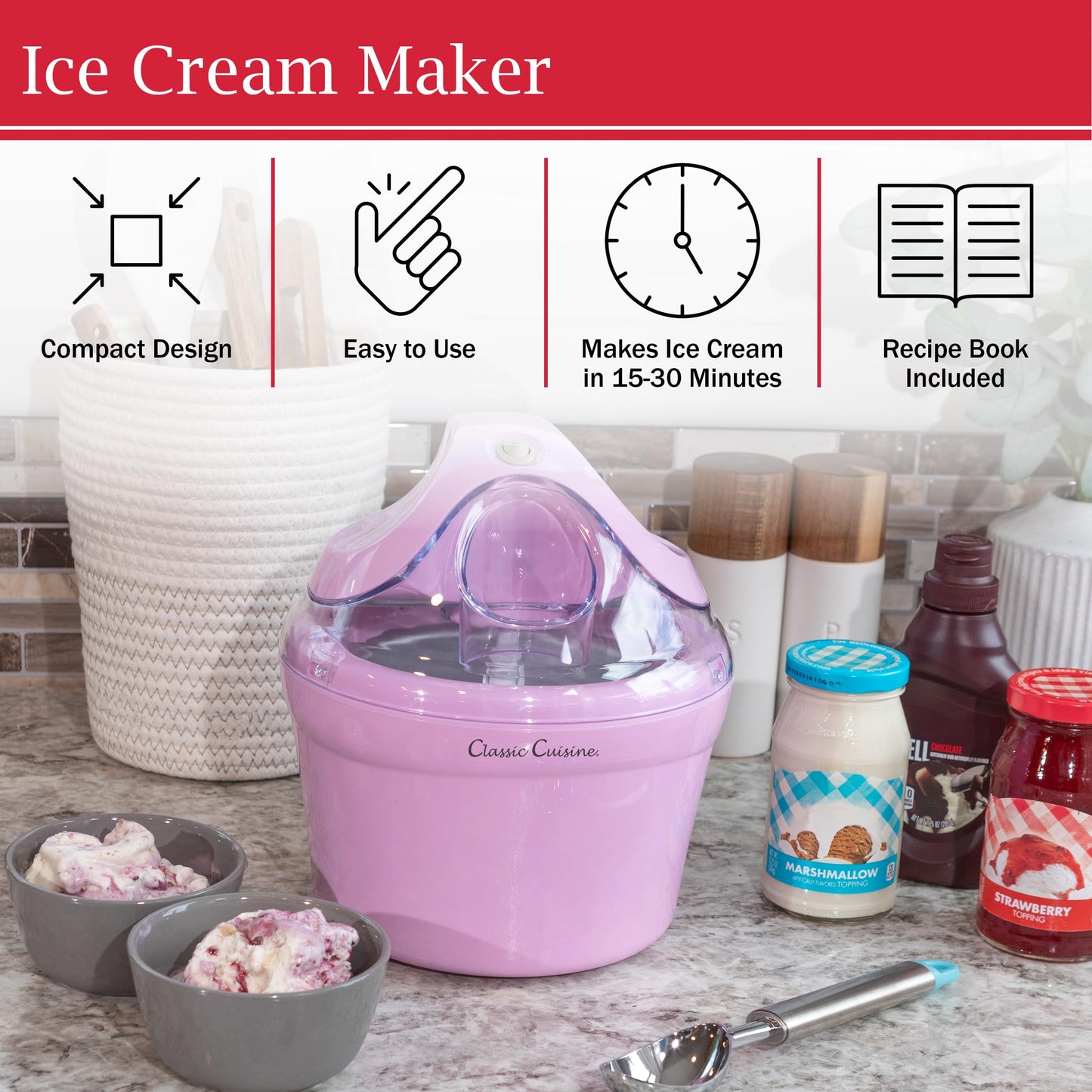 Ice Cream Maker - 1QT Ice Cream Machine Makes Sorbet, Gelato, Ice Cream, and Frozen Yogurt - Kitchen Appliances and Gadgets by Classic Cuisine (Pink)