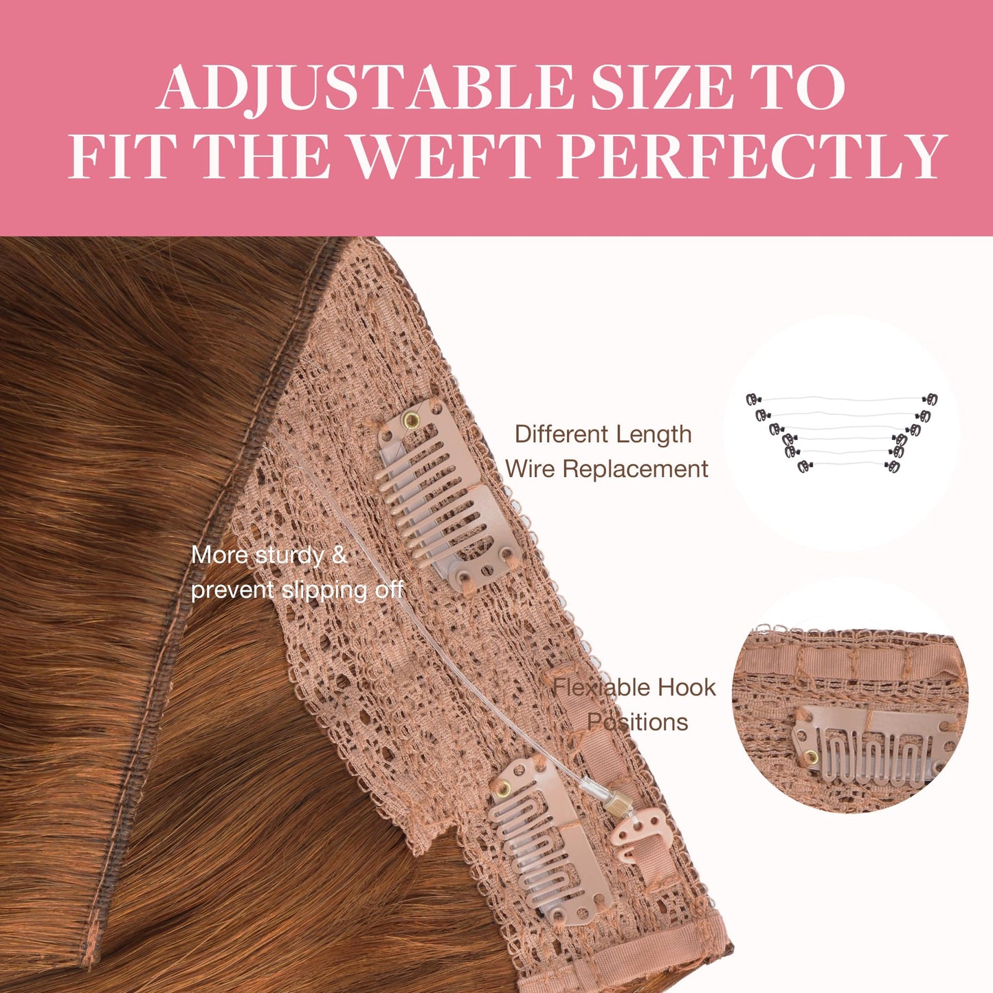 GOO GOO Wire Hair Extensions Human Hair, 350 Copper Natural 14inch 75g, Invisible Wire Hair Extensions with Transparent, Seamless Fish Line Hairpiece