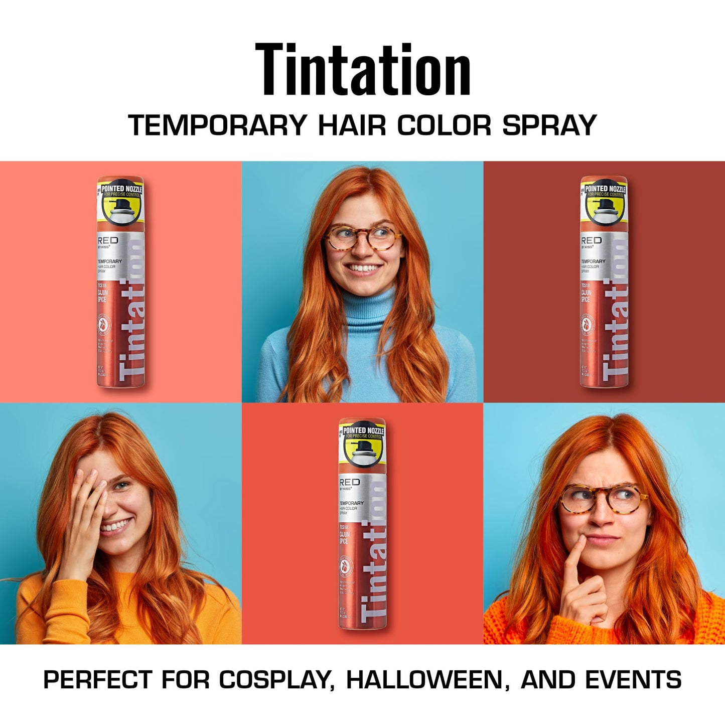 Red by Kiss Tintation Temporary Hair Color Spray 2.82oz, Quick-Dry & Smudge-Proof, Vivid Color Washable Hair Dye, Styling Spray Cosplay Halloween Birthday Party Festival (Cajun Spice)