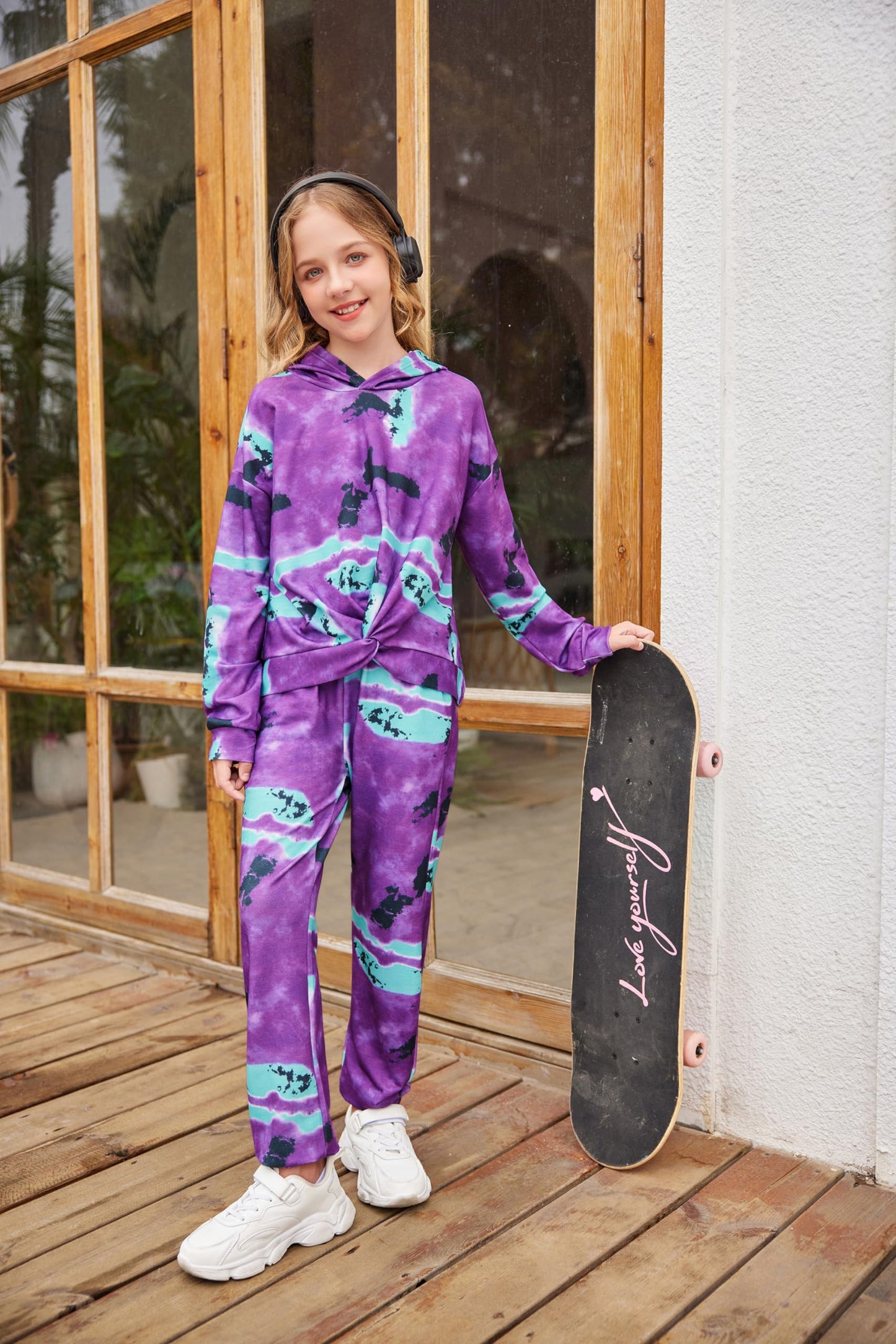 Arshiner Girl Pullover Set Sweatsuit Long Sleeve Tie Dye Twist Front Top Winter Fall Tracksuit Sweatpants Casual Size 10-12