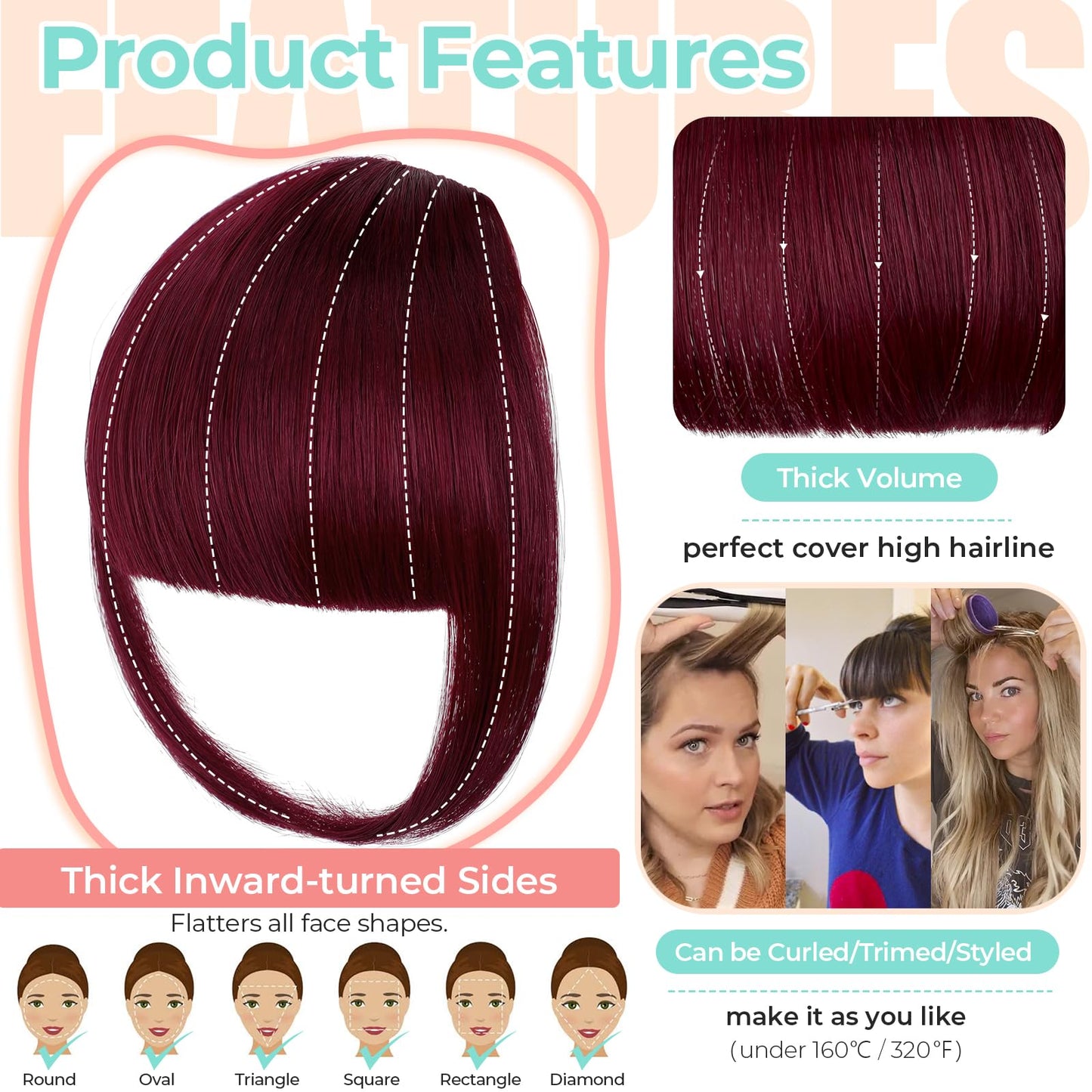 Cephermer Clip in Bangs, Synthetic French Bangs Hair Clip, Fake Bangs Fringe with Temples Hairpieces for Women Natural Curved Hair Extensions for Daily Wear Wine Red