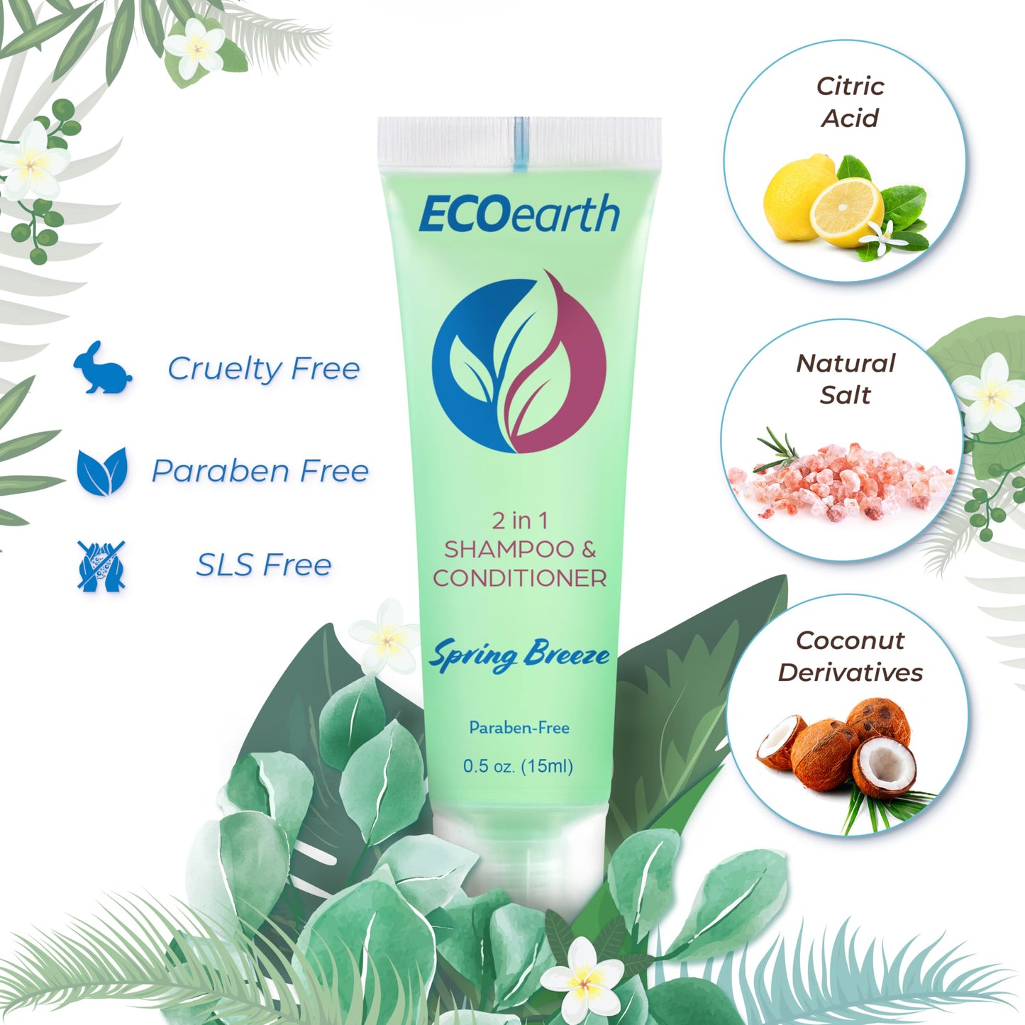 EcoEarth Travel Size Shampoo Conditioner 2-in-1 (0.5 fl oz, 100 PK, Spring Breeze) Delight Your Guests w/Revitalizing & Refreshing Conditioning Shampoo Amenities, Small Size Hotel Toiletries in Bulk