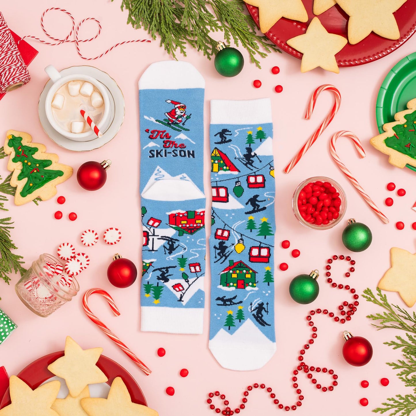 Lavley Tis The Ski-son Funny Christmas Socks with Santa - Skiing Stocking Stuffer Ski Gift For Skiers, Snowboarders - Unisex for Men & Women, One Size