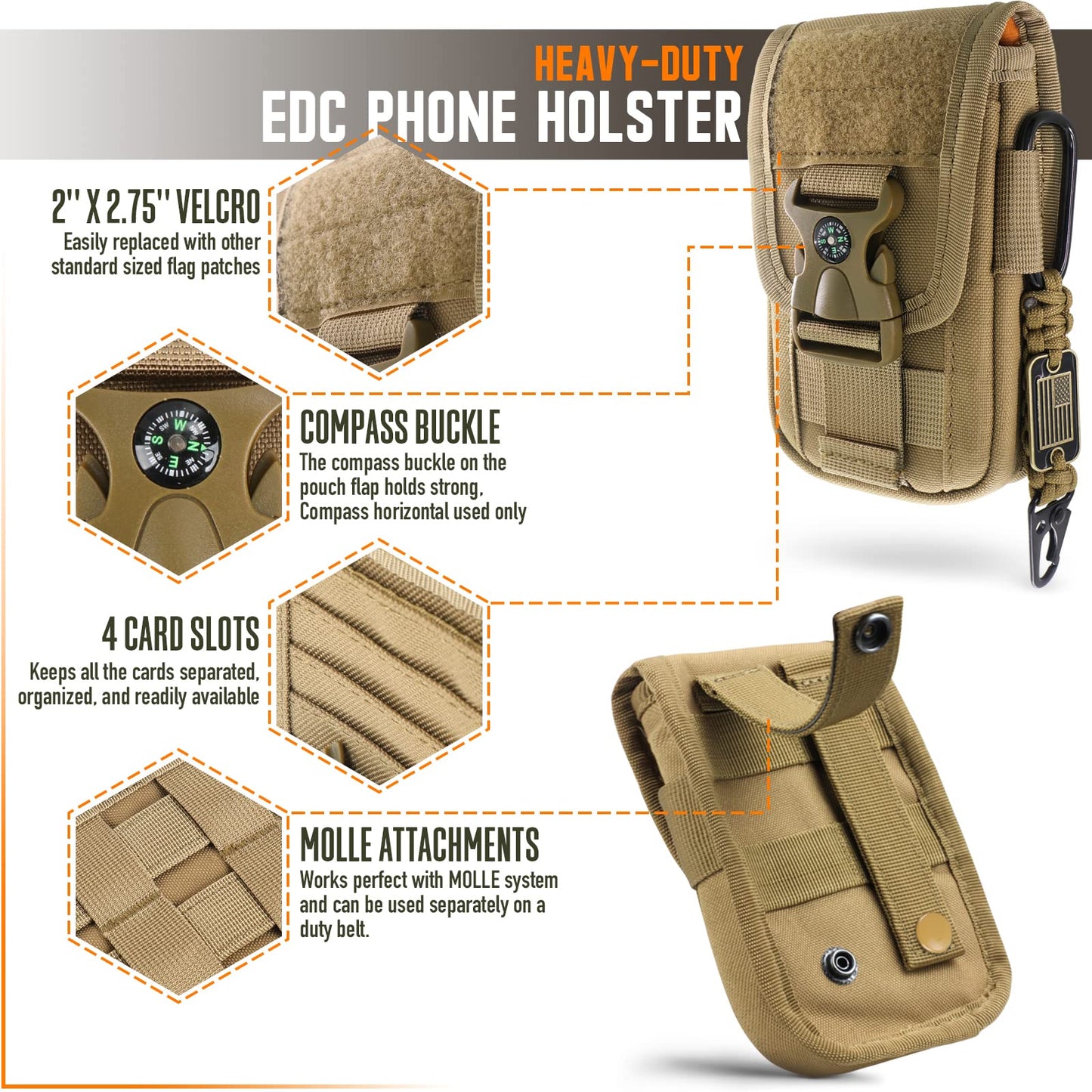 WYNEX Tactical Molle Phone Pouch with Compass Buckle, Tactical Phone Holster Molle Cell Phone Pouch Universal Belt Waist Bag for IP 15/14/13 Pro Max / S22/S21 with US Patch & Paracord Keyring Clip