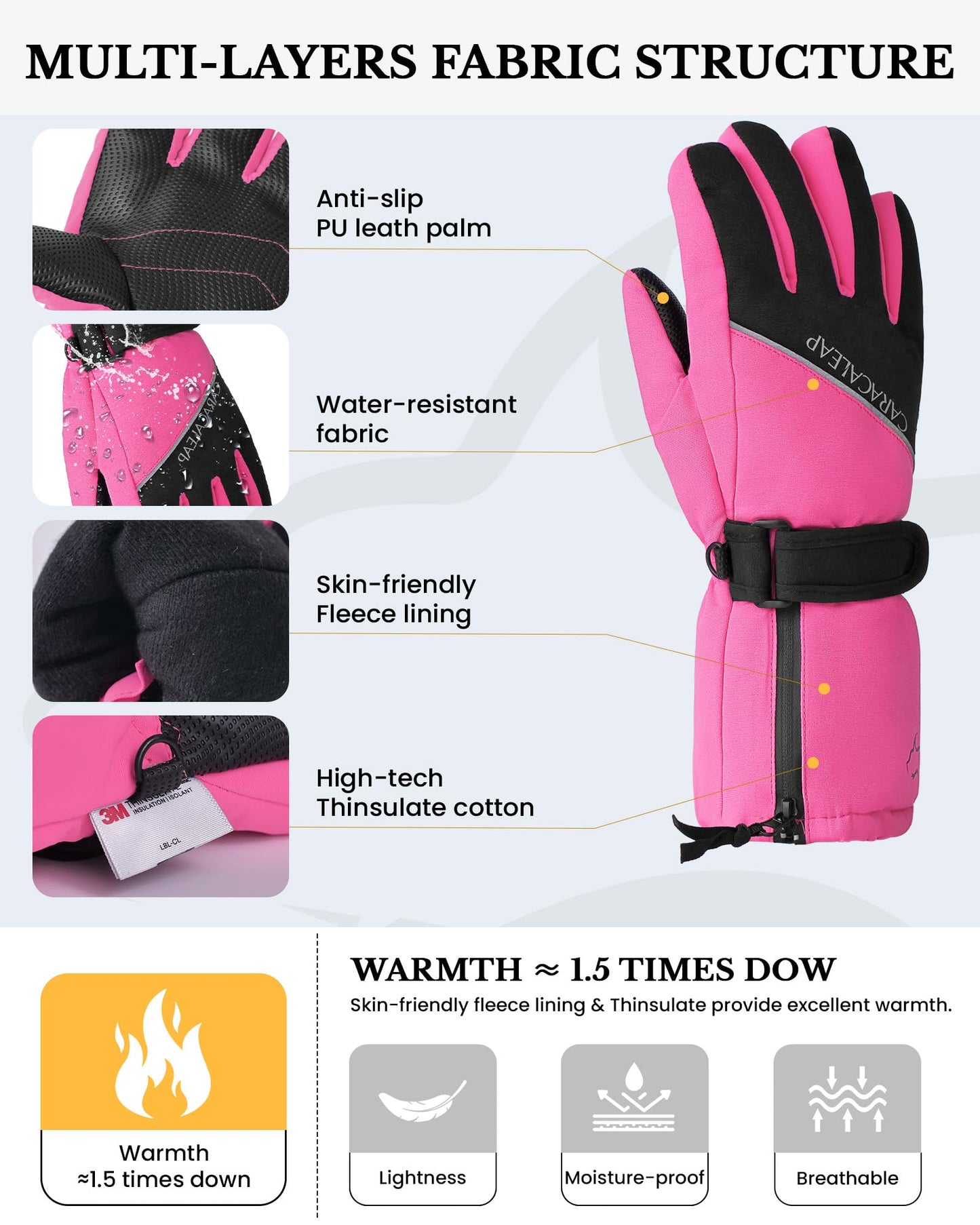 Caracaleap Snow Gloves for Kids 8-12, Kids Snow Ski Gloves Waterproof Thinsulate Warm Winter Gloves for Boys Girls 6-8 Black 10-12Y Hot Pink 10-12Y