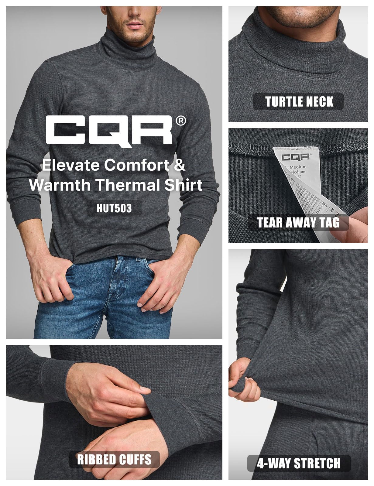 CQR Men's Long Sleeve Thermal Underwear Tops, Midweight Waffle Crewneck Shirt, Winter Cold Weather Thermal Shirts, Mock Neck Top Dark Grey, XX-Large